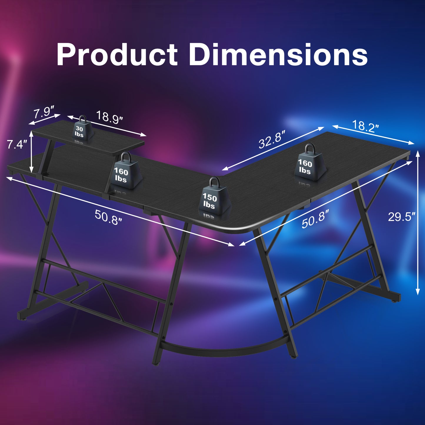 Mr IRONSTONE 51 inch L Shaped Gaming Computer Desk, Home Office Corner Desk with Removable Monitor Stand, Black