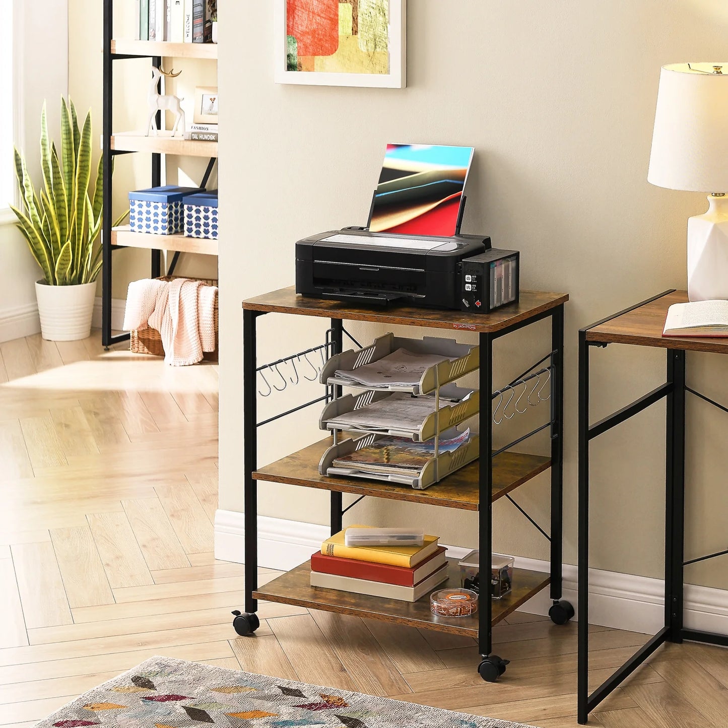JOZ 3-Tier Kitchen Utility Serving Cart, Multifunction Microwave Oven Stand, Baker's Rack with Storage Shelf and 10 Hooks, Rustic Brown