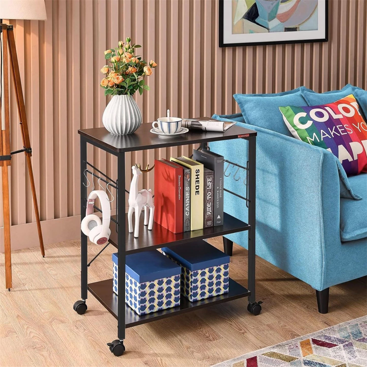 JOZ 3-Tier Kitchen Utility Serving Cart, Multifunction Microwave Oven Stand, Baker's Rack with Storage Shelf and 10 Hooks, Black