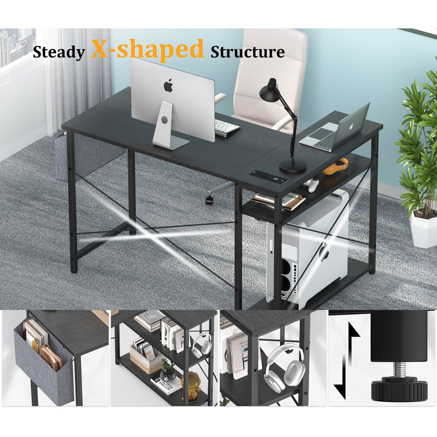 Mr IRONSTONE 47 inch L-Shaped Desk with Outlets & USB Ports, Reversible Corner Desk for Small Spaces, Home Office Desk with Storage Bag & Hook, Black