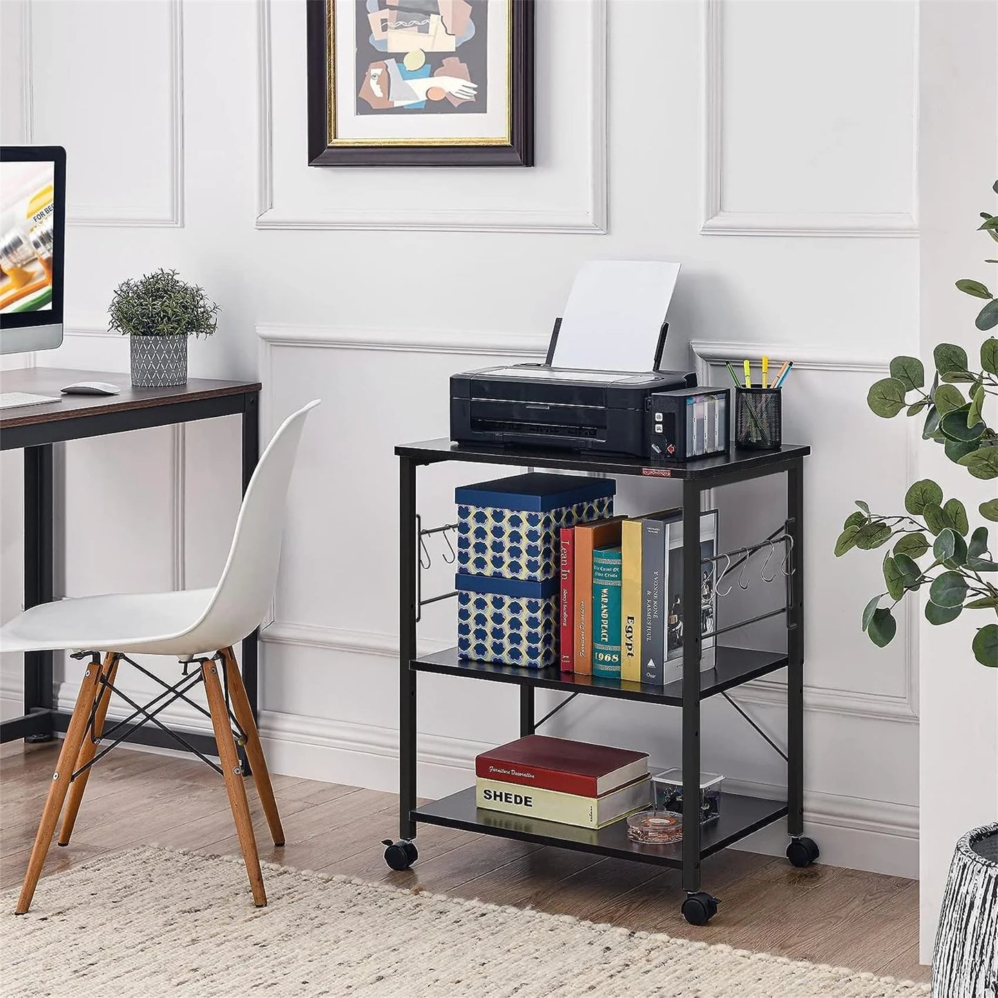 JOZ 3-Tier Kitchen Utility Serving Cart, Multifunction Microwave Oven Stand, Baker's Rack with Storage Shelf and 10 Hooks, Black