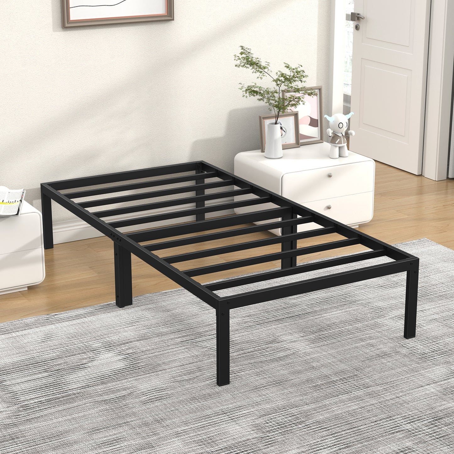 Mr IRONSTONE Twin Bed Frame, Heavy Duty Twin Size Metal Platform Bed Frame, 14" High with Storage, No Box Spring Needed, Black