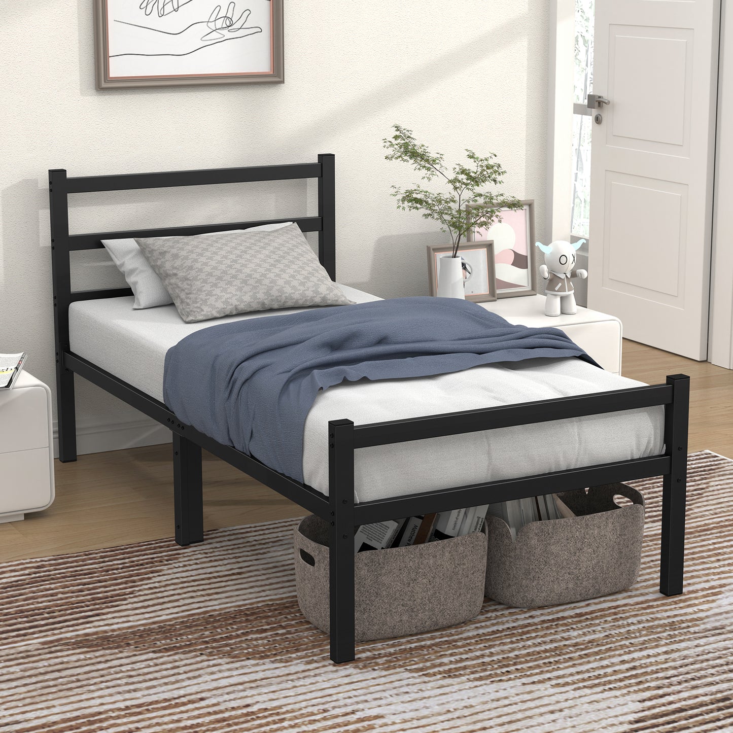 Mr IRONSTONE Twin Bed Frame, 14" High Twin Size Metal Platform Bed Frame with Headboard and Footboard with Storage, No Box Spring Needed, Black