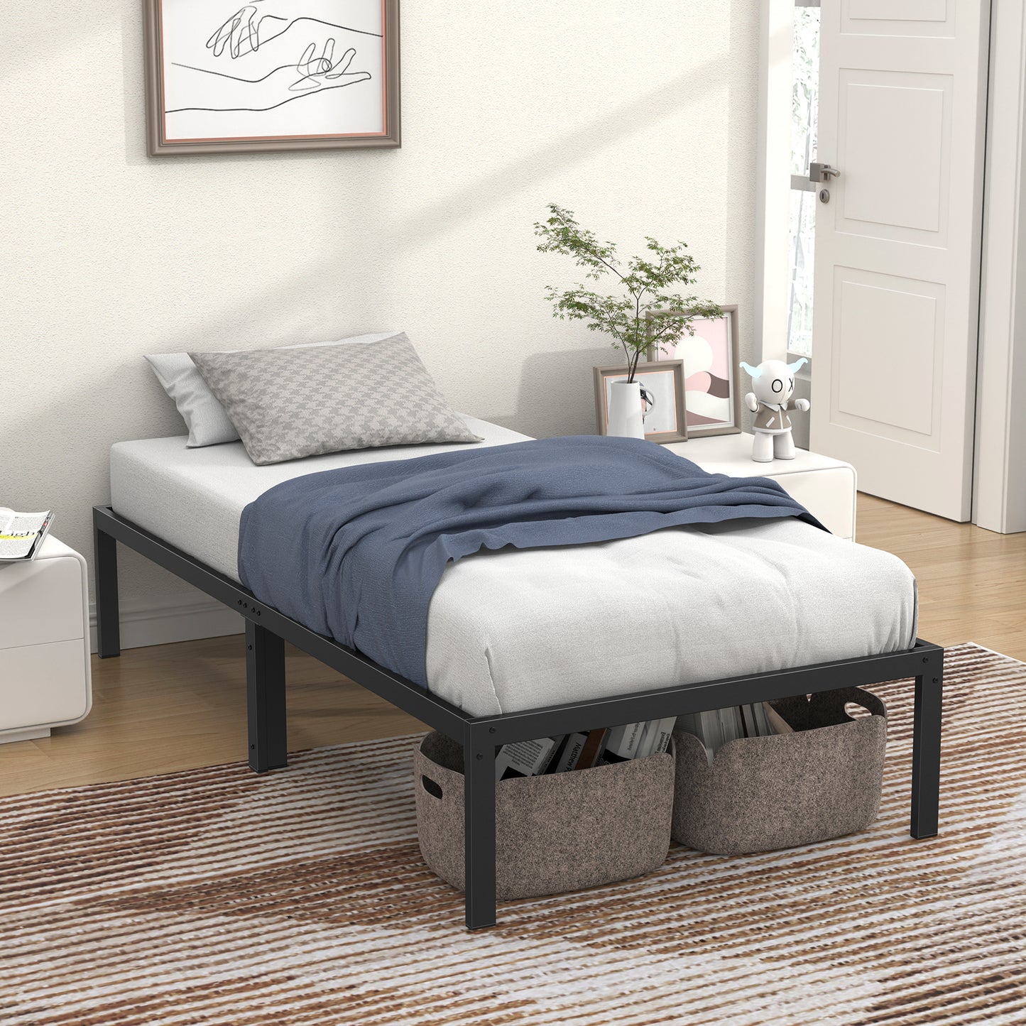 Mr IRONSTONE Twin Bed Frame, Heavy Duty Twin Size Metal Platform Bed Frame, 14" High with Storage, No Box Spring Needed, Black