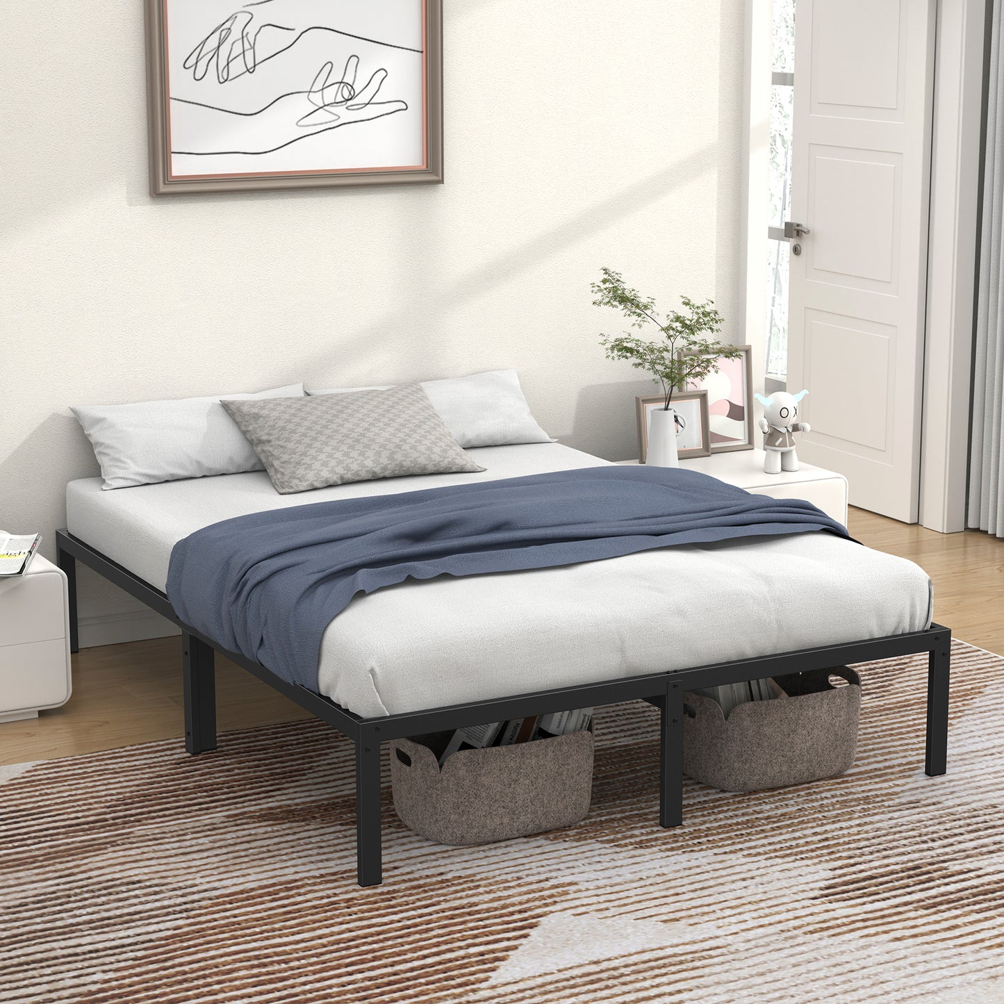 Mr IRONSTONE Queen Bed Frame, Heavy Duty Queen Size Metal Platform Bed Frame, 14" High with Storage, No Box Spring Needed, Black