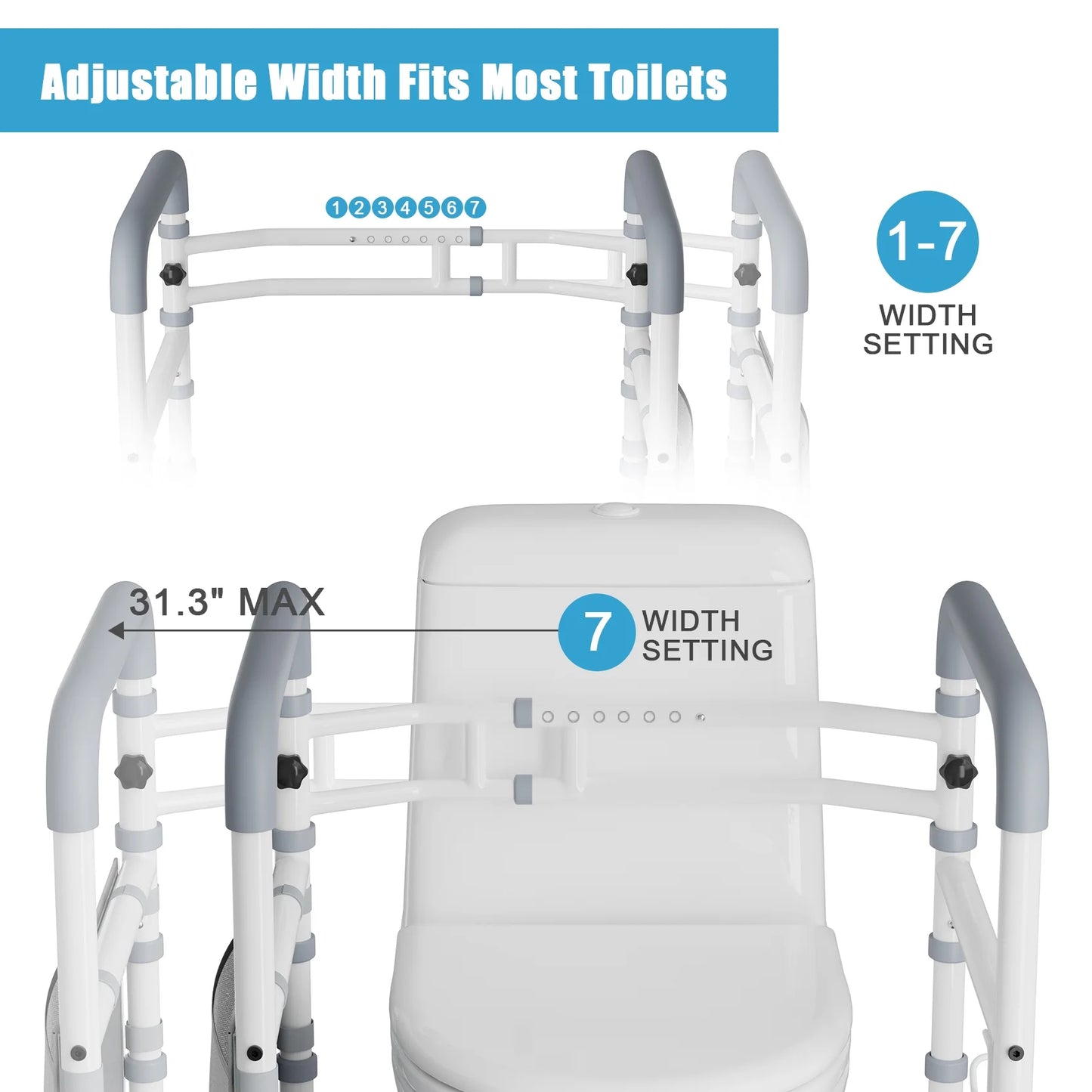 Mr IRONSTONE Toilet Safety Rails Frame with Handles for Seniors & Disabled, Adjustable Aluminium Supports up to 350Lbs, Fits Most Toilets