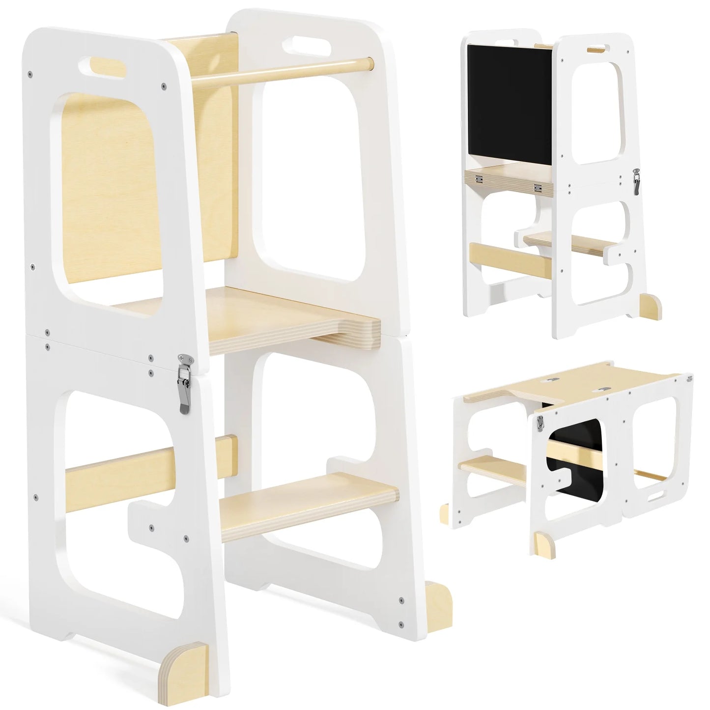 3-in-1 Toddler Kitchen Stool Helper – Foldable Kids Standing Tower with Chalkboard and Safety Rail, Wooden Step Stool for Bathroom, Counter, and Learning