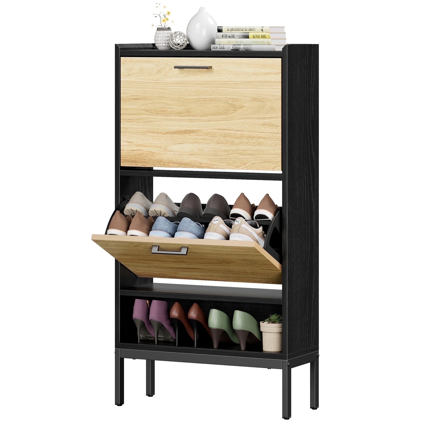 JOZ Shoe Cabinet with 2 Flip Drawers, Shoe Storage Organizer for Entryway, Hallway, Bedroom, Living Room, Black
