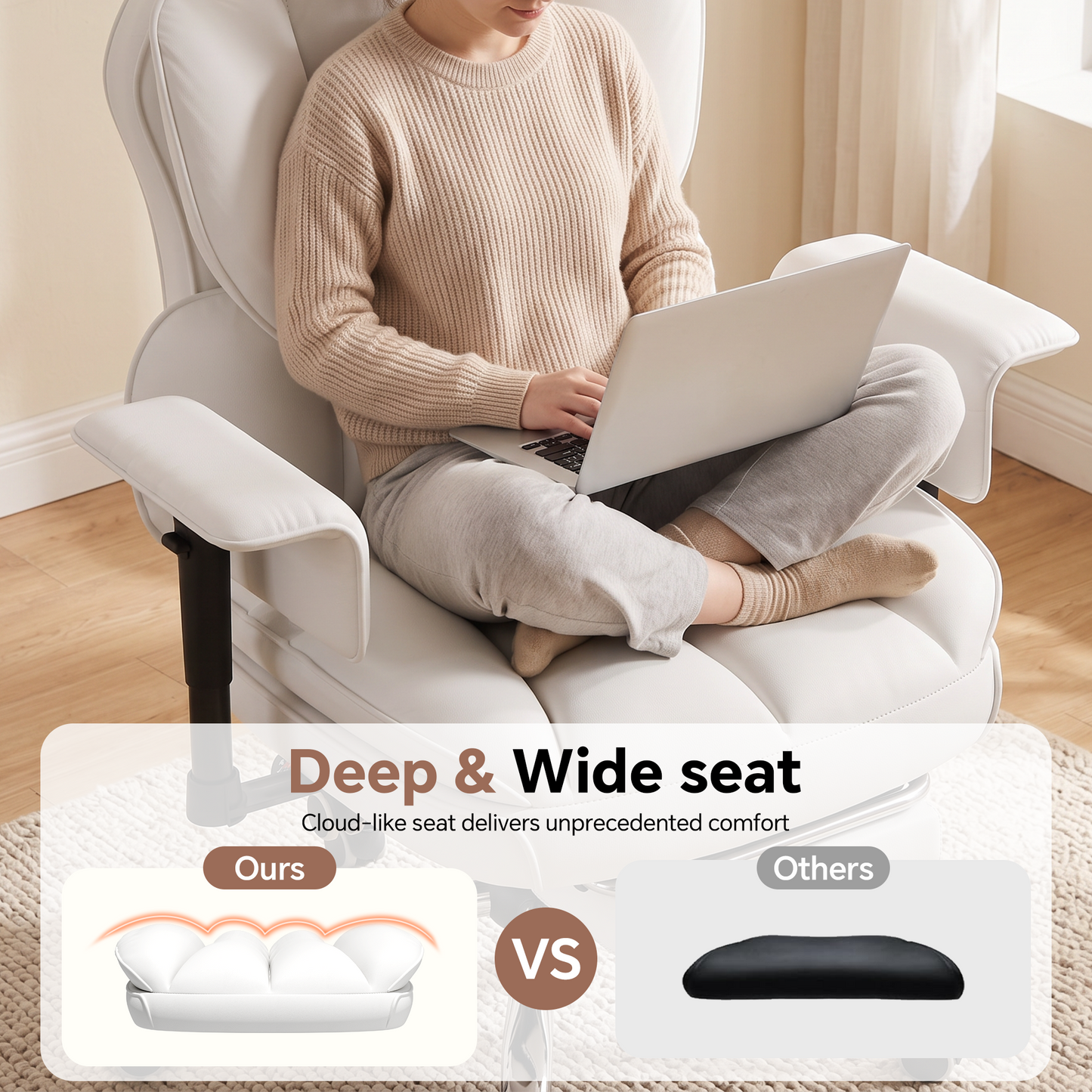 Mr IRONSTONE Ergonomic Home Office Chair, Ultra Soft PU Leather Desk Chair with Deep Wide Seat for Cross Legged Sitting, White