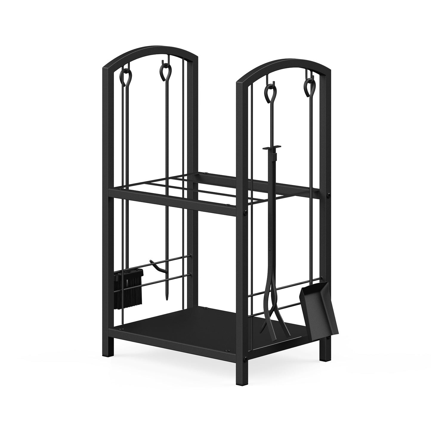 Mr IRONSTONE Firewood Rack with Fireplace Tools set, Fireplace Tool Rack for Indoor Outdoor Fire Log Holder Wrought Iron Large Wood Stove with Firepit Tools, Brush, Shovel, Poker, Tongs, Black