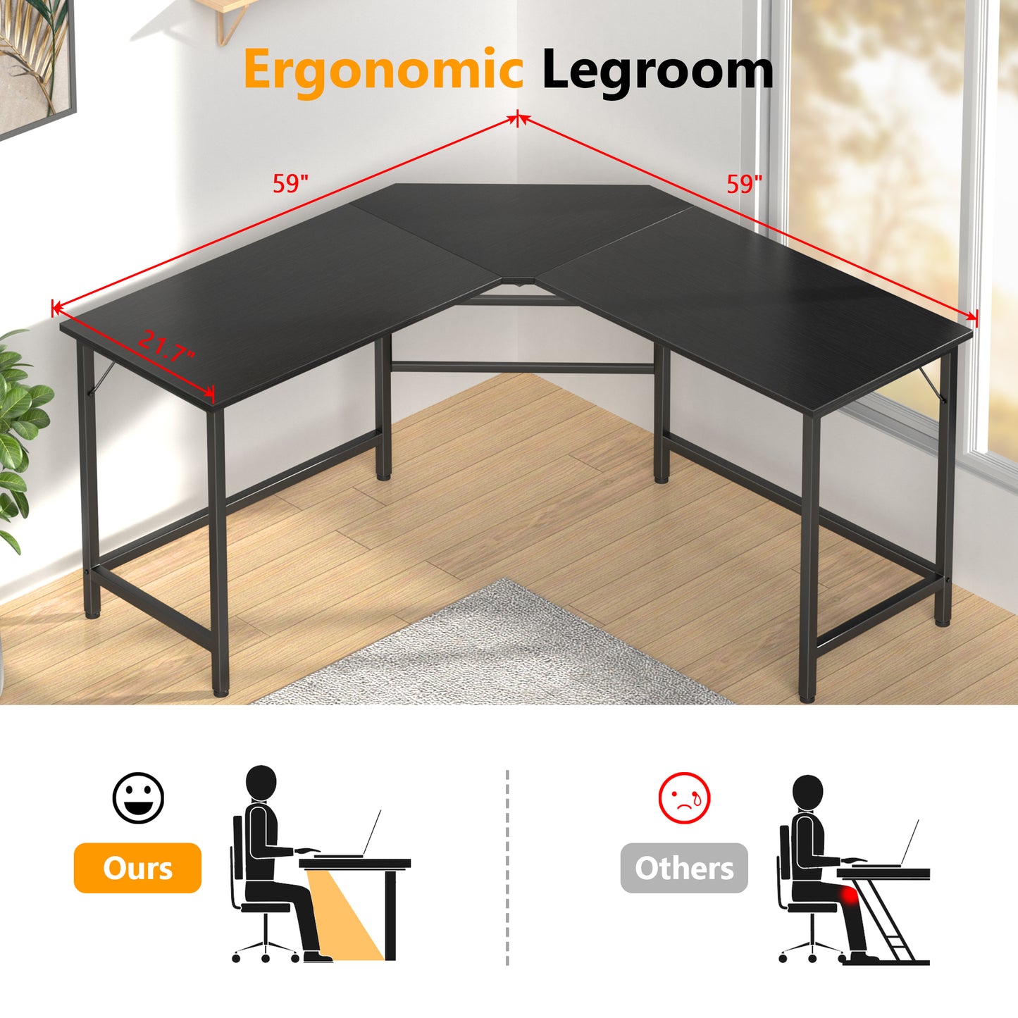 Mr IRONSTONE L Shaped Desk, Computer Corner Desk, Home Gaming Desk, Office Writing Workstation, Space-Saving, Easy to Assemble, Black