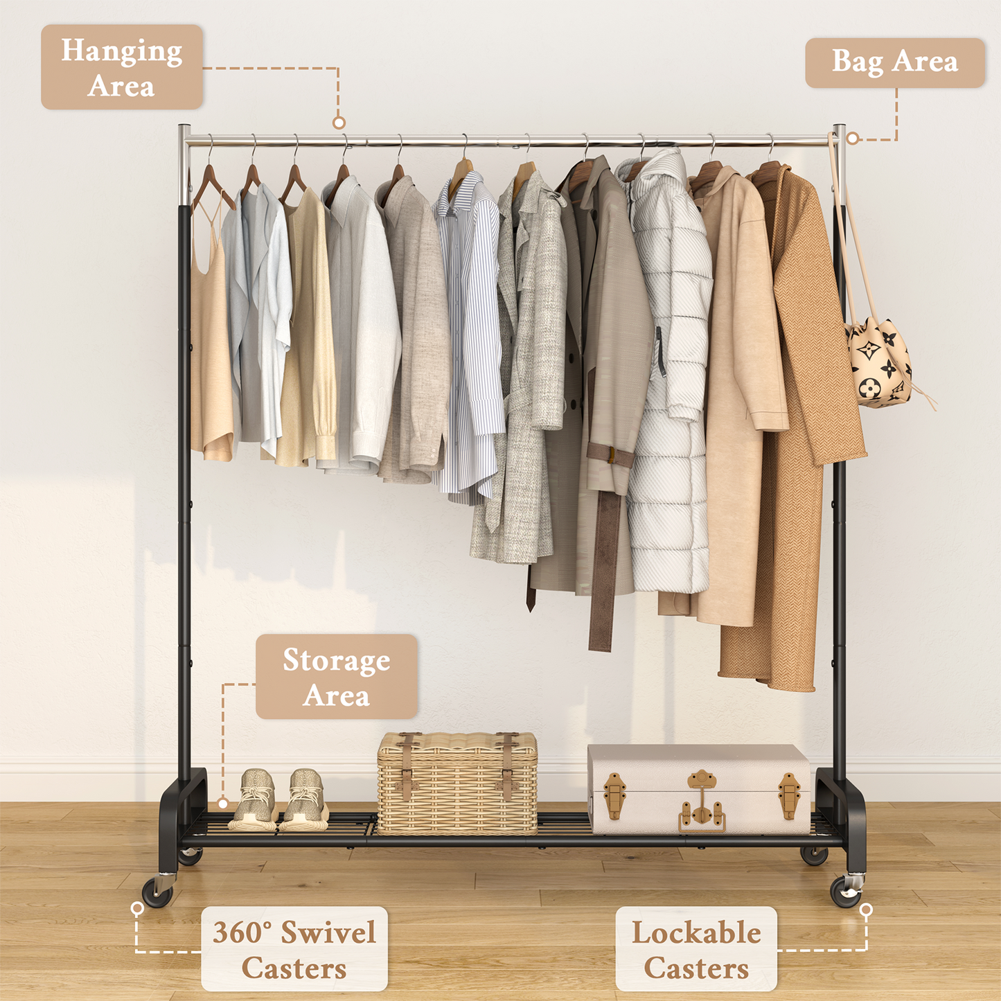 JOZ 400 lbs Heavy Duty Garment Rack, Rolling Clothes Rack with Wheels, Home Portable Closet Clothing Rack, Black