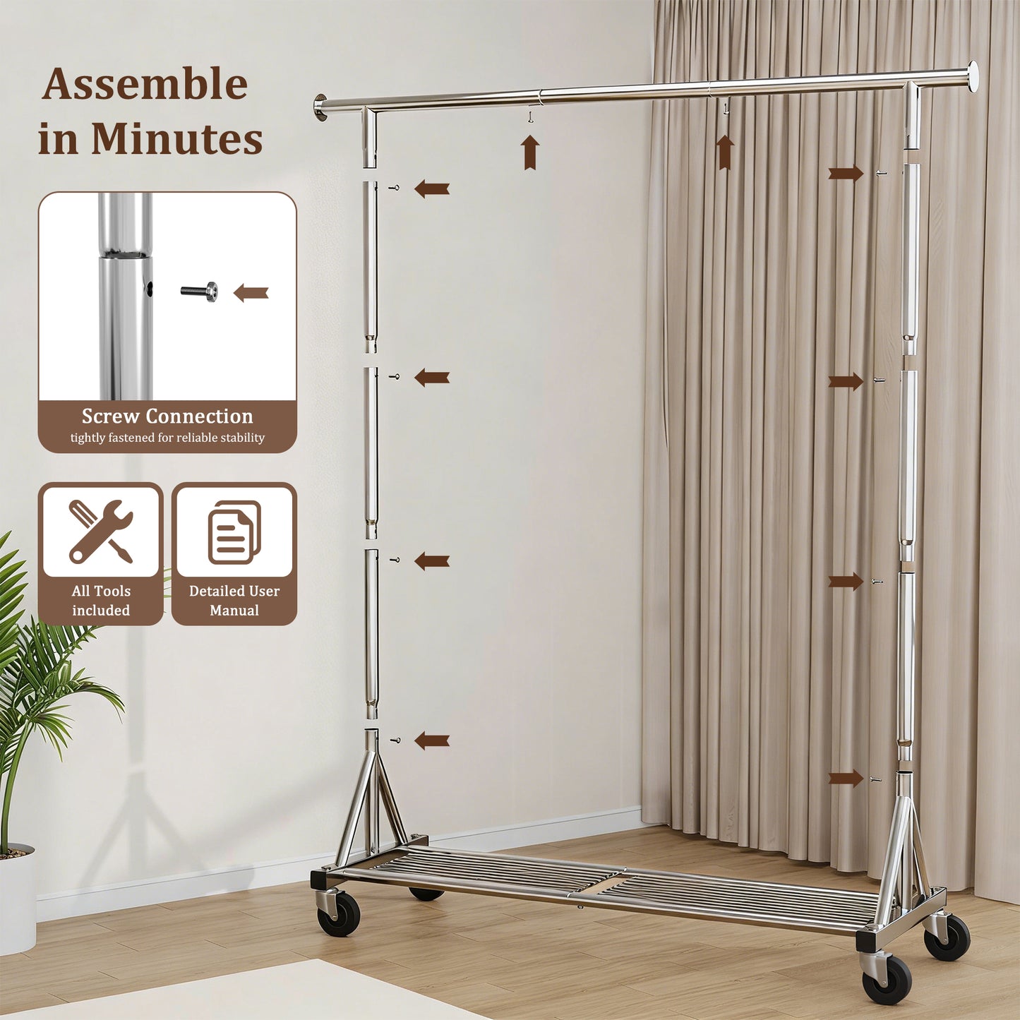 Mr IRONSTONE Heavy Duty Clothes Rack, Rolling Garment Rack with Lockable Wheels & Bottom Shelf, Space-Saving Metal Closet Organizer for Bedroom Laundry, Silver