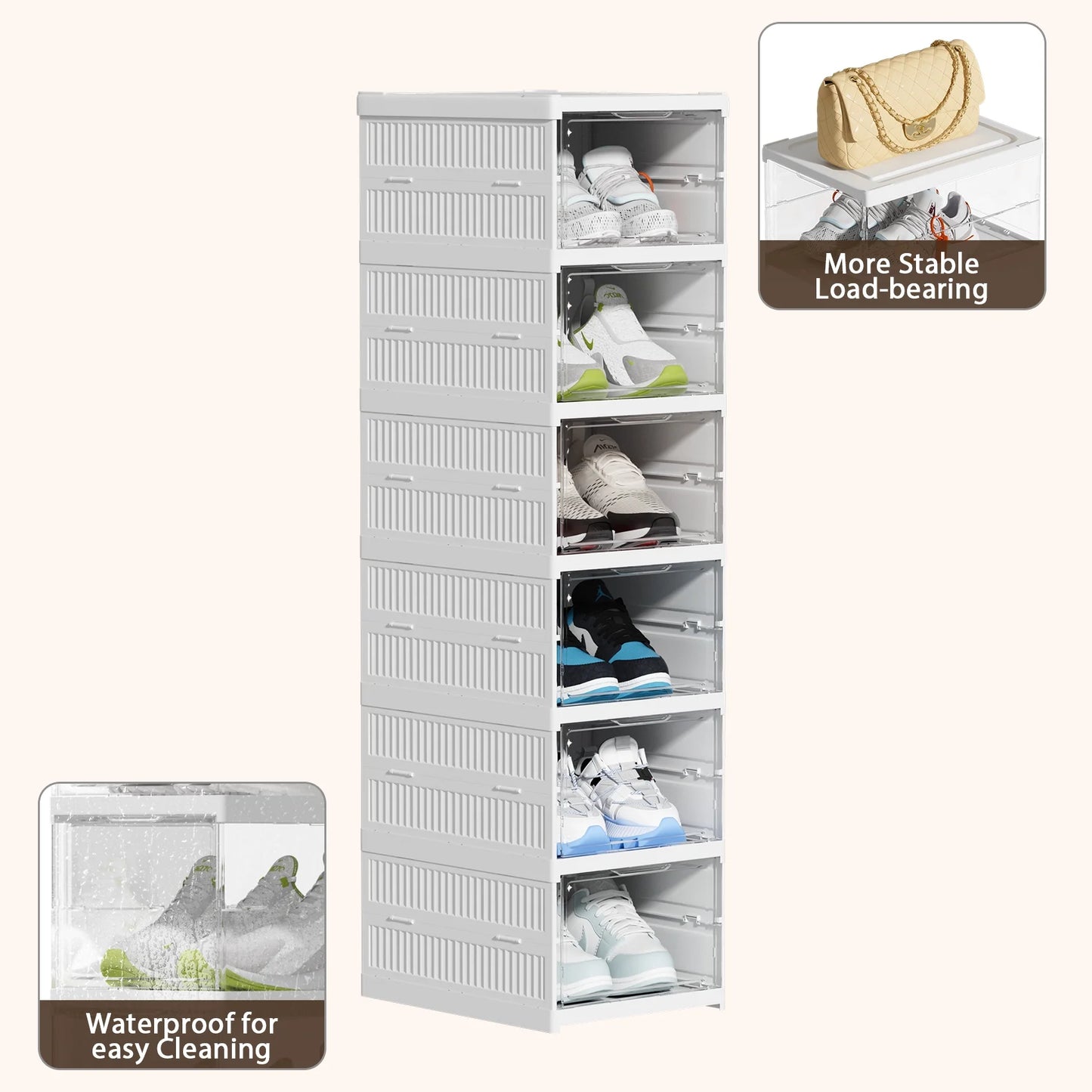 JOZ 6-Tier Foldable Shoe Organizer Box – Stackable Shoe Storage Bins with Lids for Closets, Fits Size 12, No Assembly Required Containers