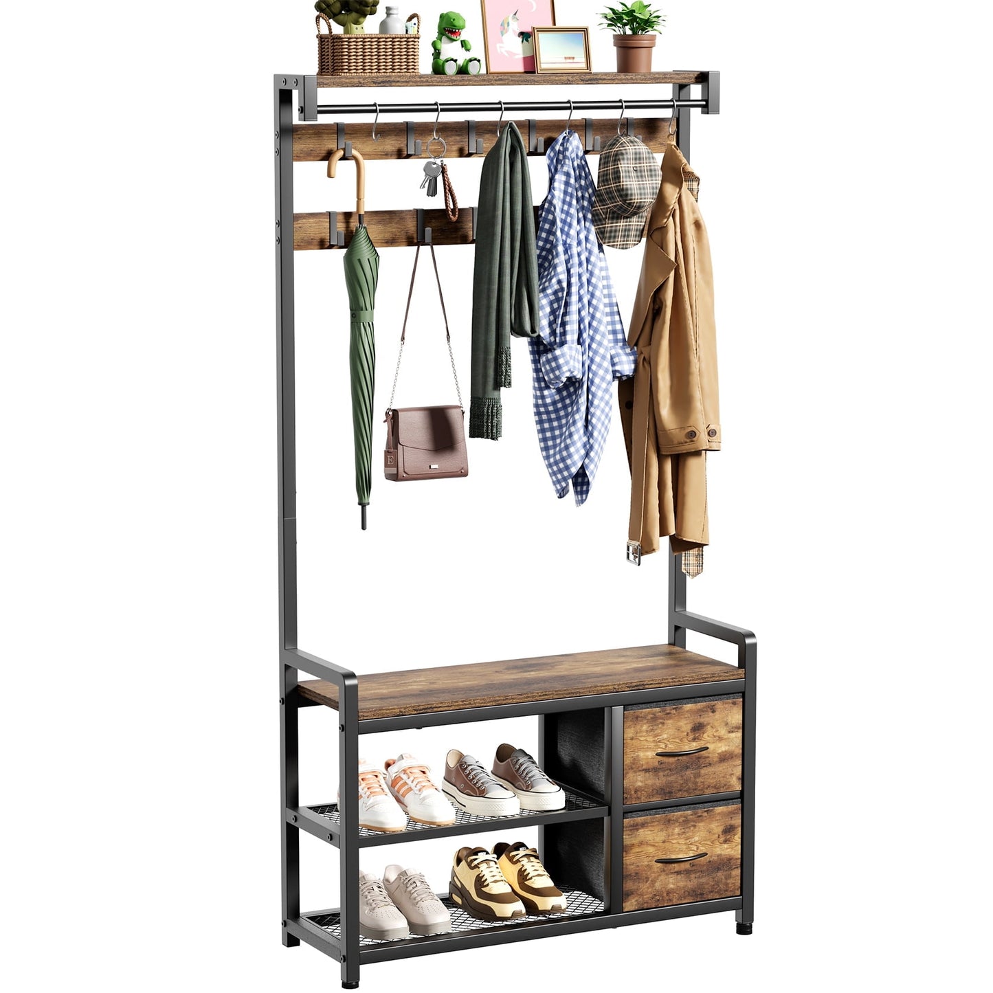 JOZ Entryway Hall Tree with Shoe Bench and Top Shelf, 5-in-1 Coat Rack with Removable 18 Hooks and 2 Drawers, for Hallway or Living Room, Rustic Brown
