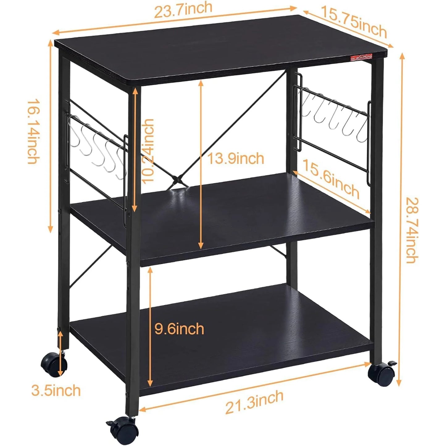 JOZ 3-Tier Kitchen Utility Serving Cart, Multifunction Microwave Oven Stand, Baker's Rack with Storage Shelf and 10 Hooks, Black