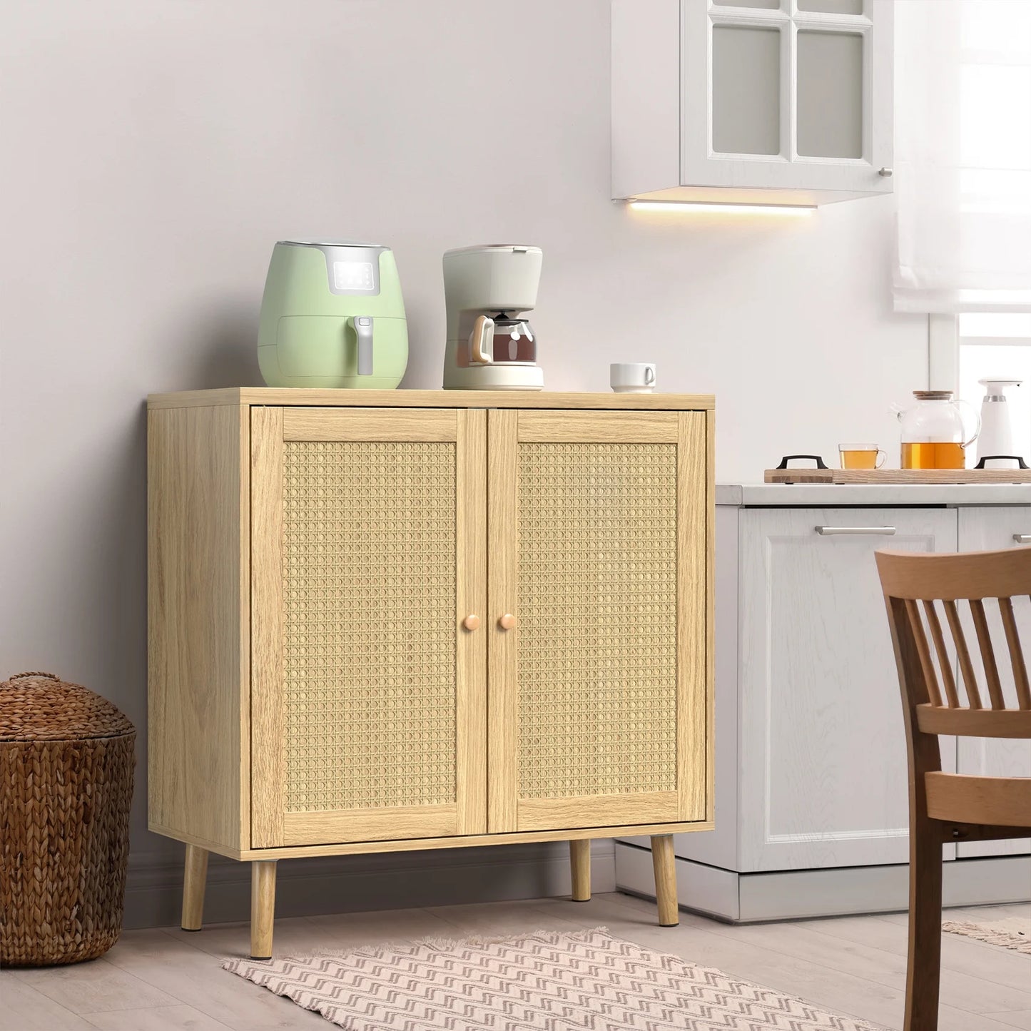 JOZ Wooden Sideboard Buffet Cabinet with Storage, Rattan Door and Solid Wood Feet, for Kitchen, Hallway, Entry and Living Room, Natural