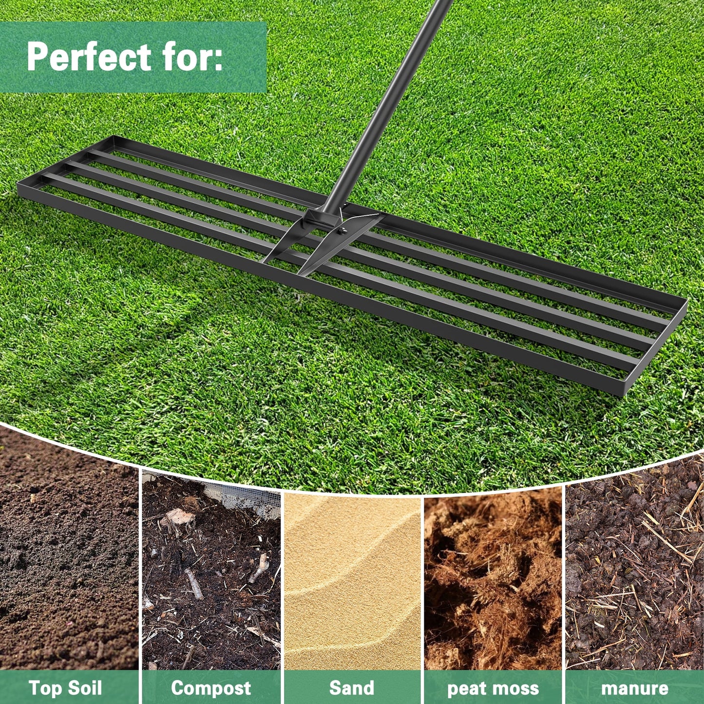 Mr IRONSTONE Lawn Leveling Rake 45 x 10in Stainless Steel Lawn Leveler Tool with 77 inch Handle Sand Gravel Leveler Rake for Yard Garden Ground and Golf Lawn