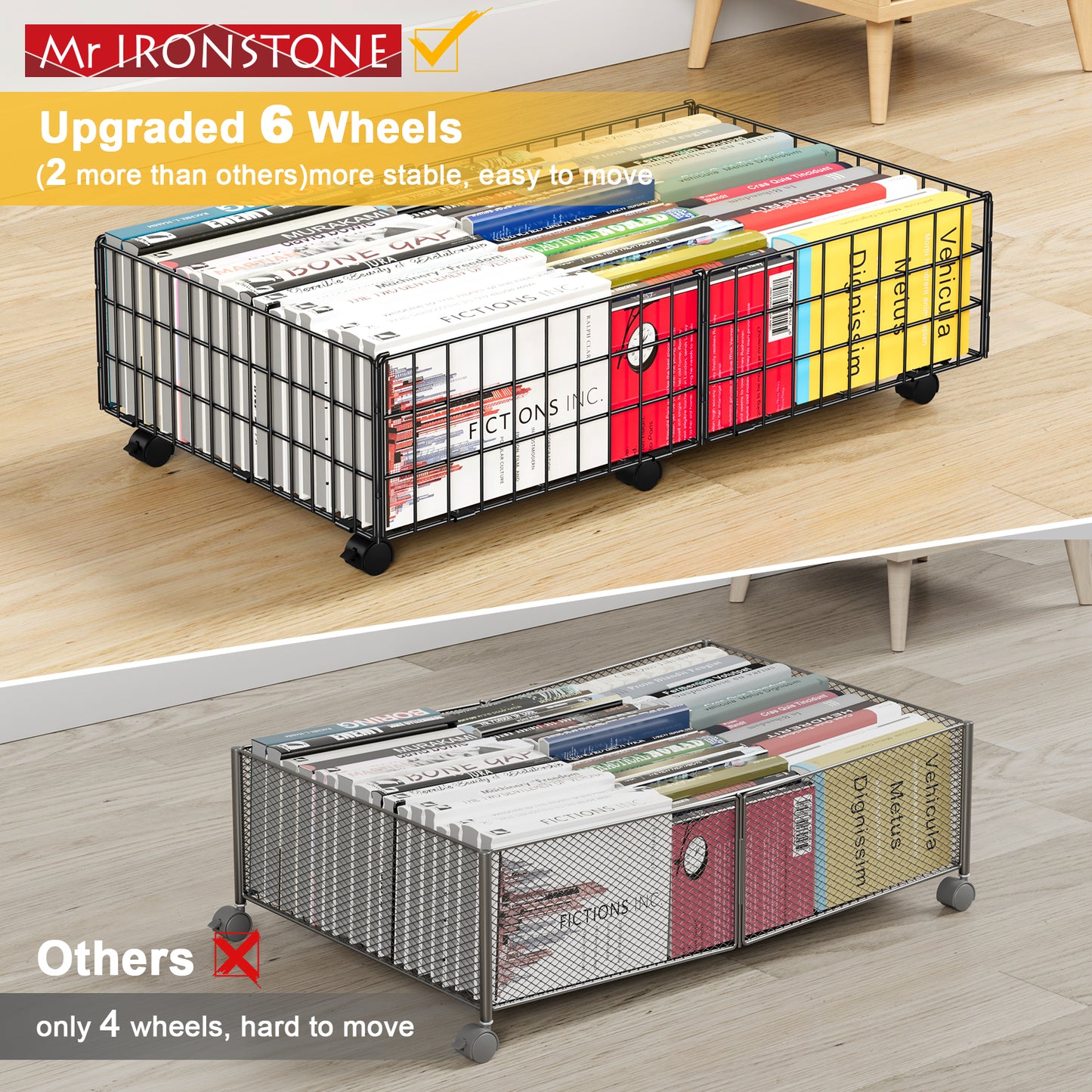 Mr IRONSTONE Under Bed Storage Containers with Wheels - Black 2Pcs Metal Organizer Drawer for Under the Bed Storage
