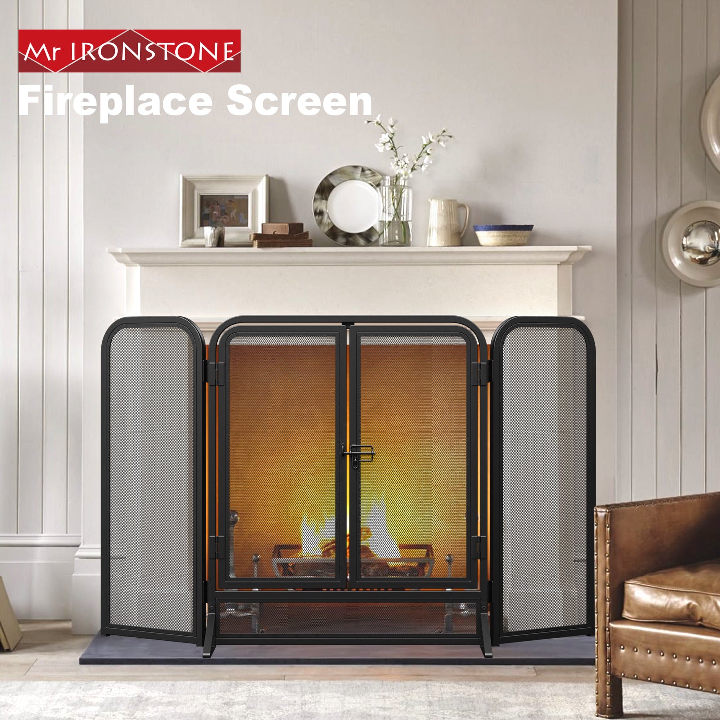 Mr IRONSTONE Fireplace Screen 3 Panel Decorative Flat Cover Modern Outdoor Protector Rustic Vintage Mesh Freestanding Iron - Black