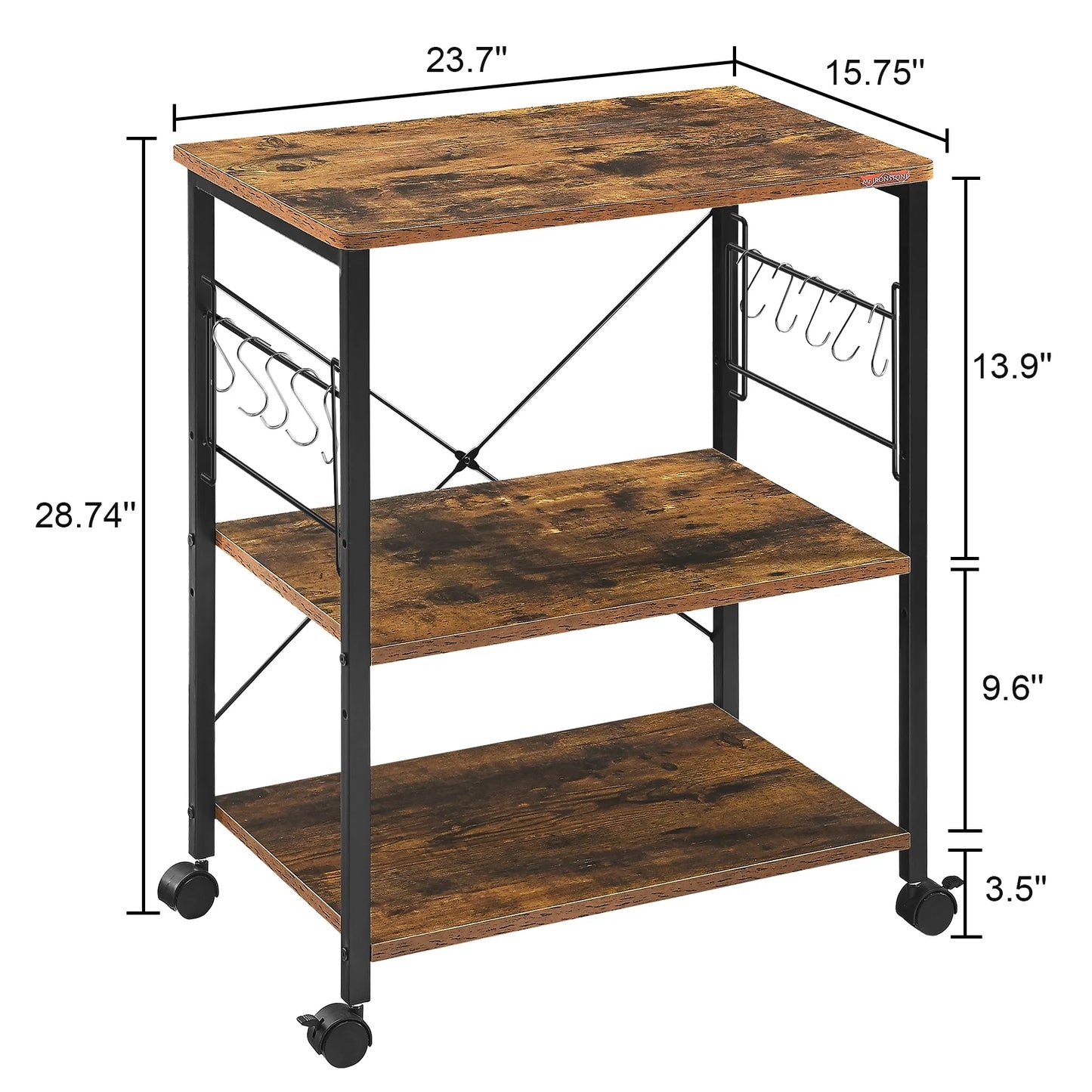 JOZ 3-Tier Kitchen Utility Serving Cart, Multifunction Microwave Oven Stand, Baker's Rack with Storage Shelf and 10 Hooks, Rustic Brown