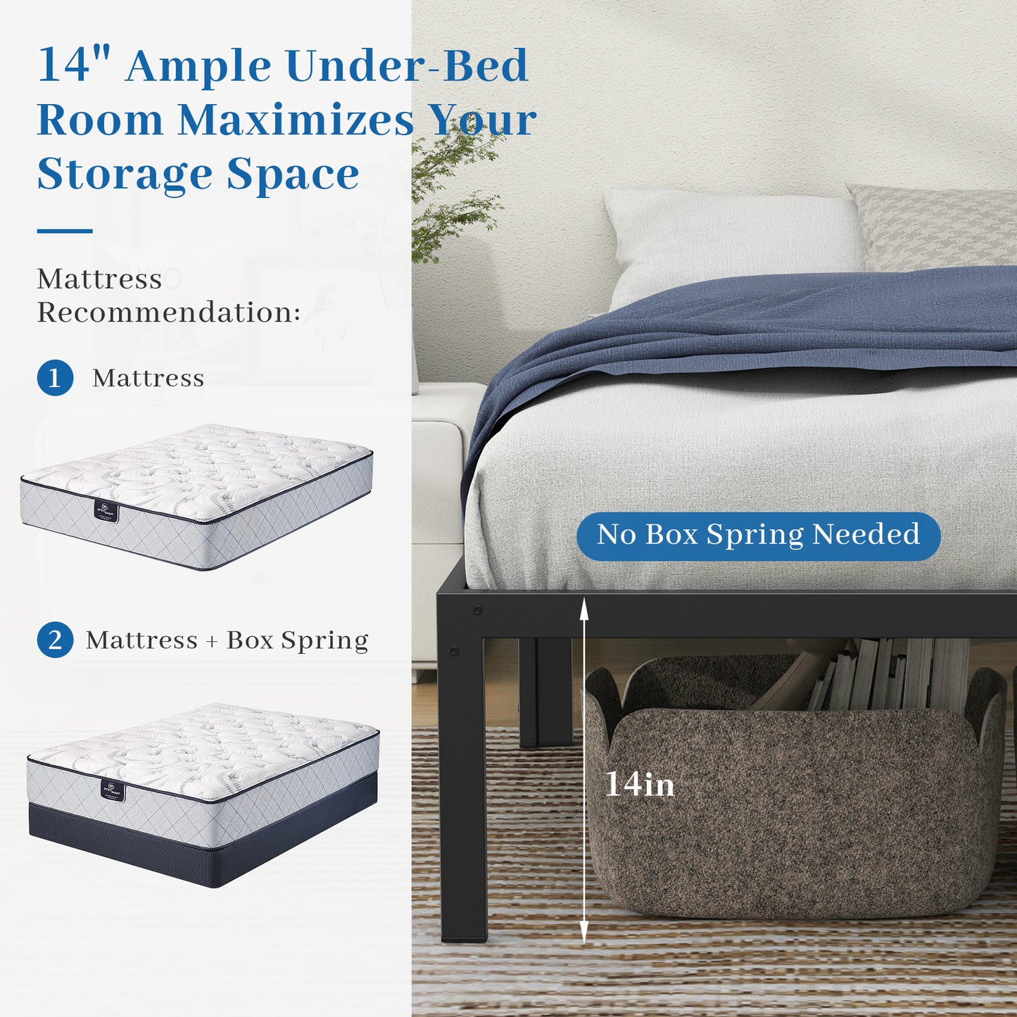 Mr IRONSTONE Twin Bed Frame, Heavy Duty Twin Size Metal Platform Bed Frame, 14" High with Storage, No Box Spring Needed, Black
