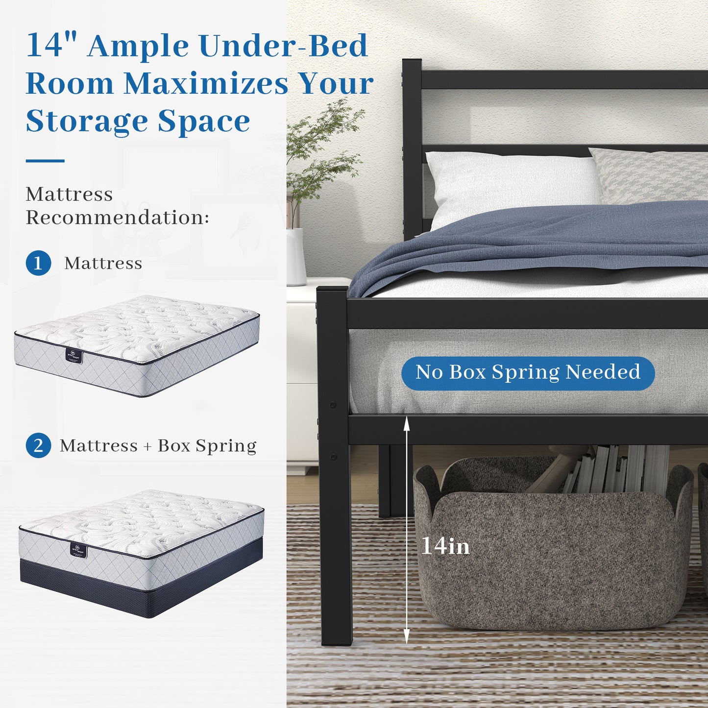 Mr IRONSTONE Queen Bed Frame, 14" High Queen Size Metal Platform Bed Frame with Headboard and Footboard with Storage, No Box Spring Needed, Black