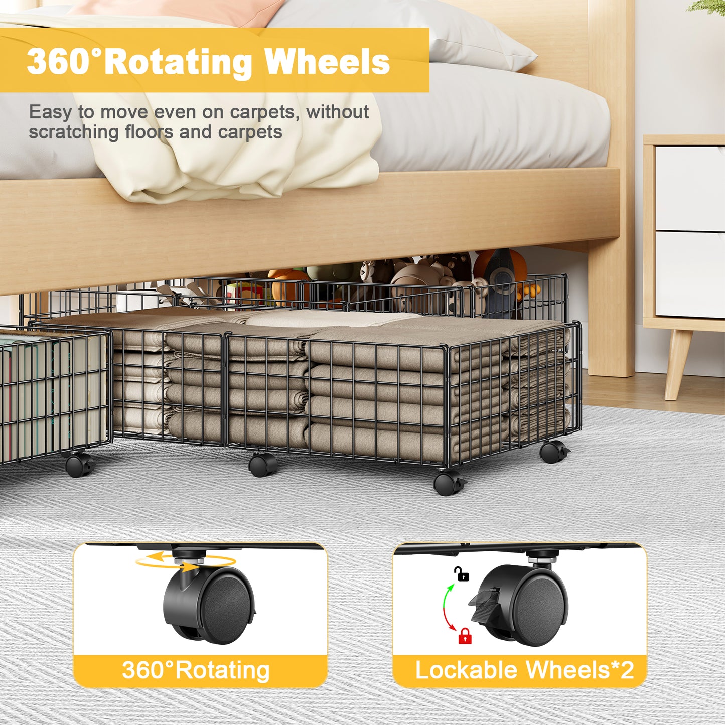 Mr IRONSTONE Under Bed Storage Containers with Wheels - Black 2Pcs Metal Organizer Drawer for Under the Bed Storage