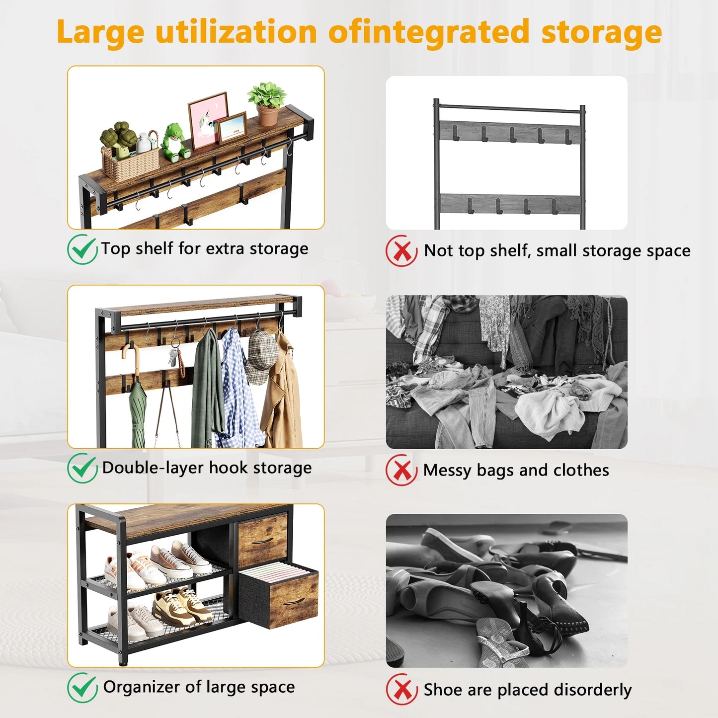 JOZ Entryway Hall Tree with Shoe Bench and Top Shelf, 5-in-1 Coat Rack with Removable 18 Hooks and 2 Drawers,Rustic Brown