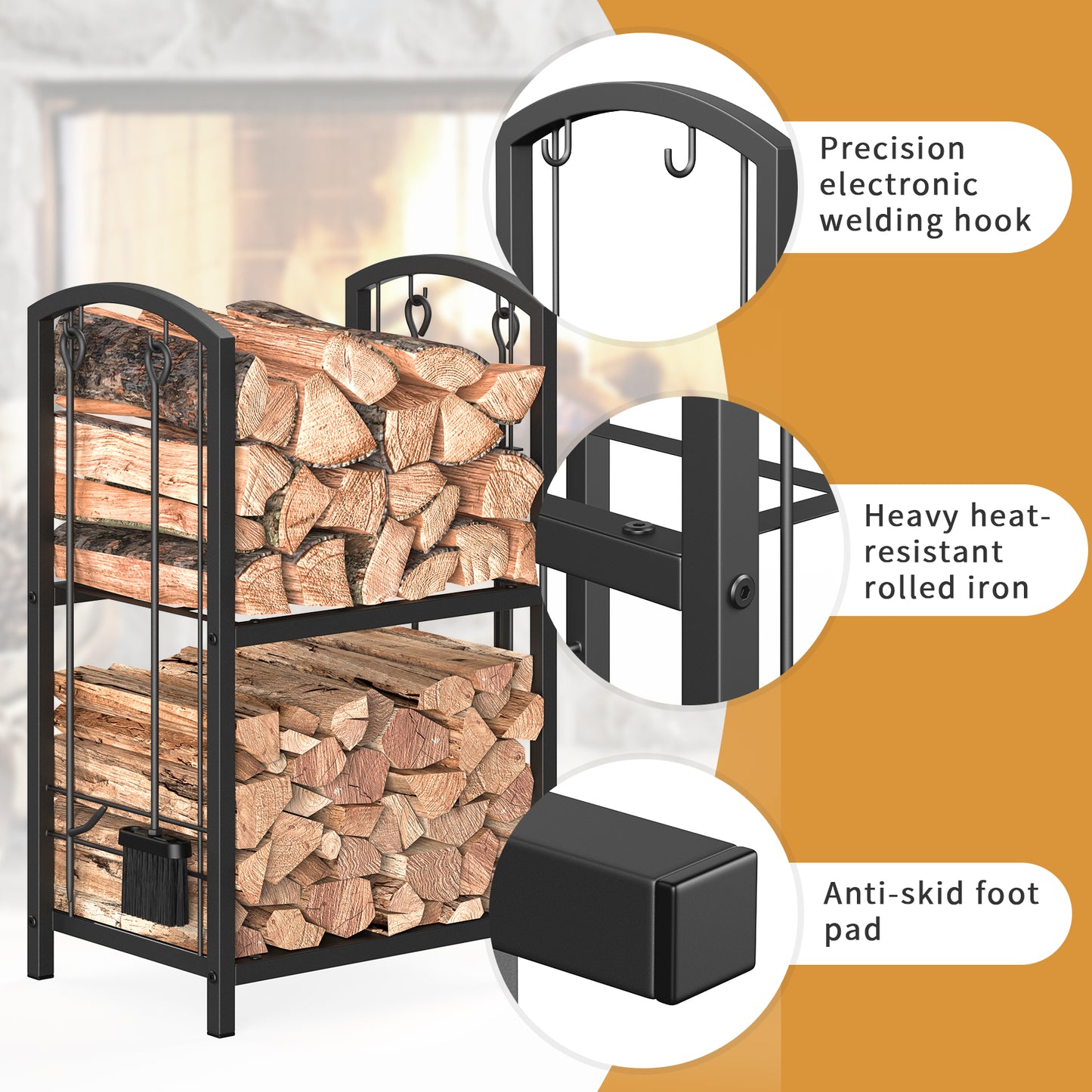 Mr IRONSTONE Firewood Rack with Fireplace Tools set, Fireplace Tool Rack for Indoor Outdoor Fire Log Holder Wrought Iron Large Wood Stove with Firepit Tools, Brush, Shovel, Poker, Tongs, Black