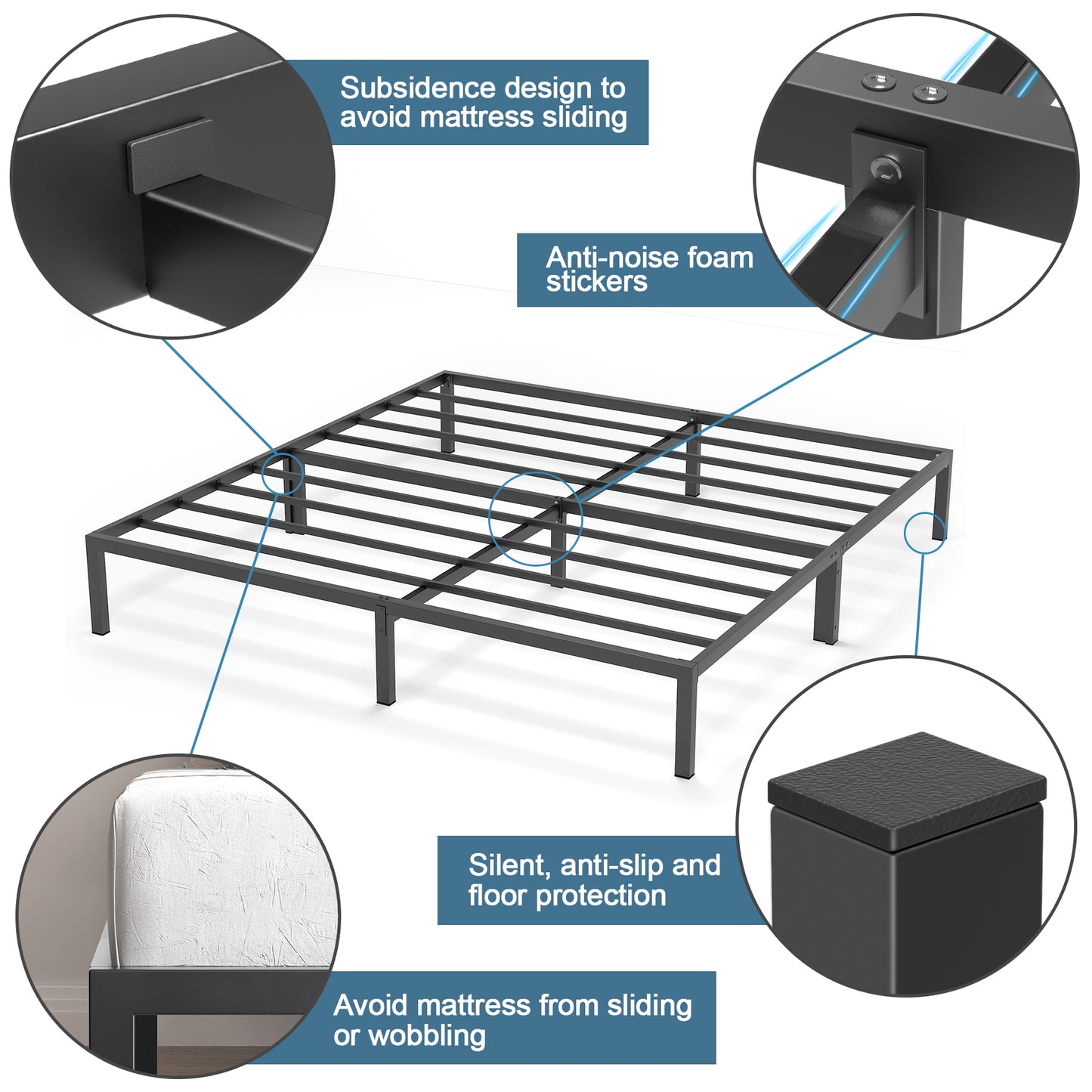 Mr IRONSTONE King Bed Frame, Heavy Duty Steel King Bed Size Frame, 14" High with Storage, No Box Spring Needed, Black