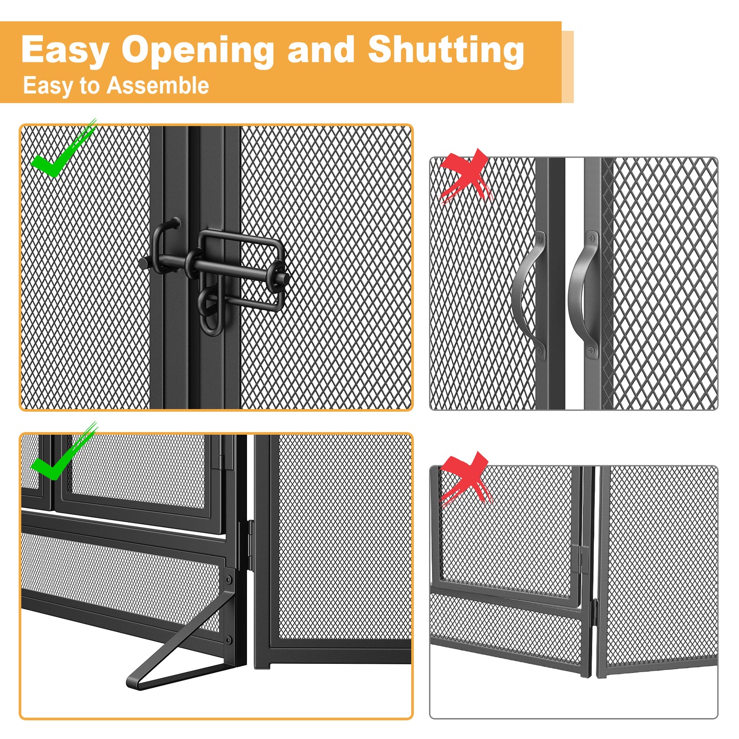 Mr IRONSTONE Fireplace Screen 3 Panel Decorative Flat Cover Modern Outdoor Protector Rustic Vintage Mesh Freestanding Iron - Black