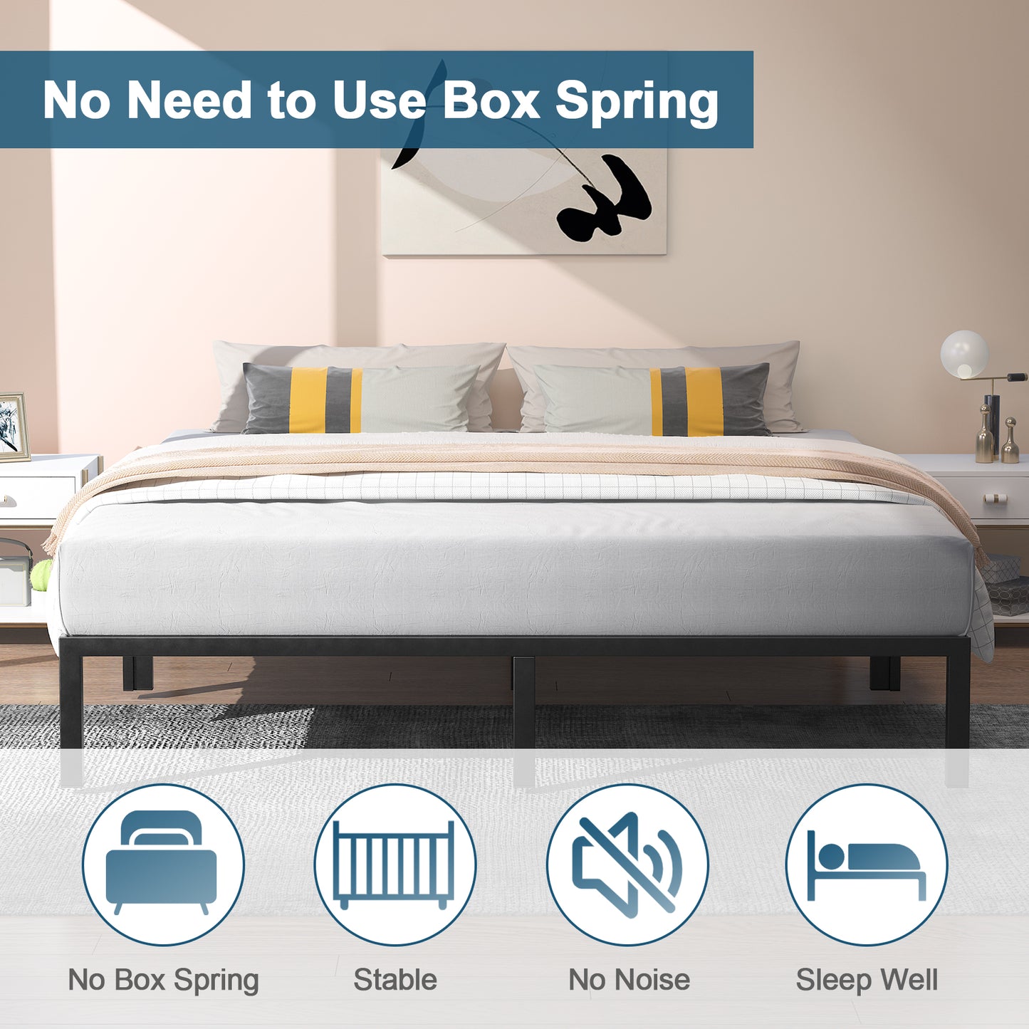 Mr IRONSTONE King Bed Frame, Heavy Duty Steel King Bed Size Frame, 14" High with Storage, No Box Spring Needed, Black