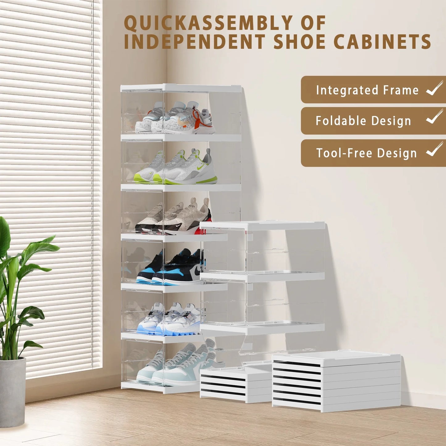 JOZ 6-Tier Foldable Shoe Organizer Box – Stackable Clear Shoe Storage Bins for Men & Women, Fits Size 12, No Assembly Required (Universal All-in-One Storage), 2025 New Release