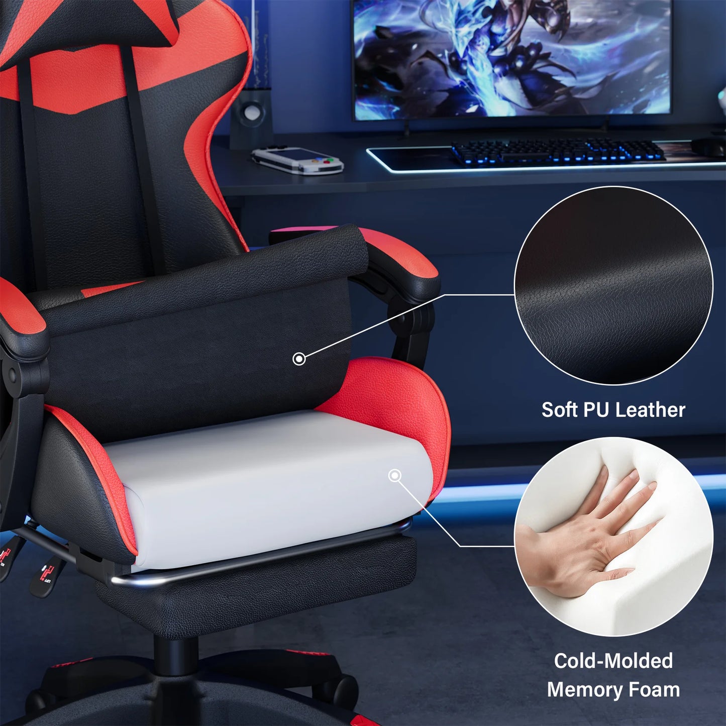 JOZ Office Gaming Chair with Footrest & Lumbar Support, Ergonomic Adjustable Computer Chair with Swivel Seat & Headrest, Red