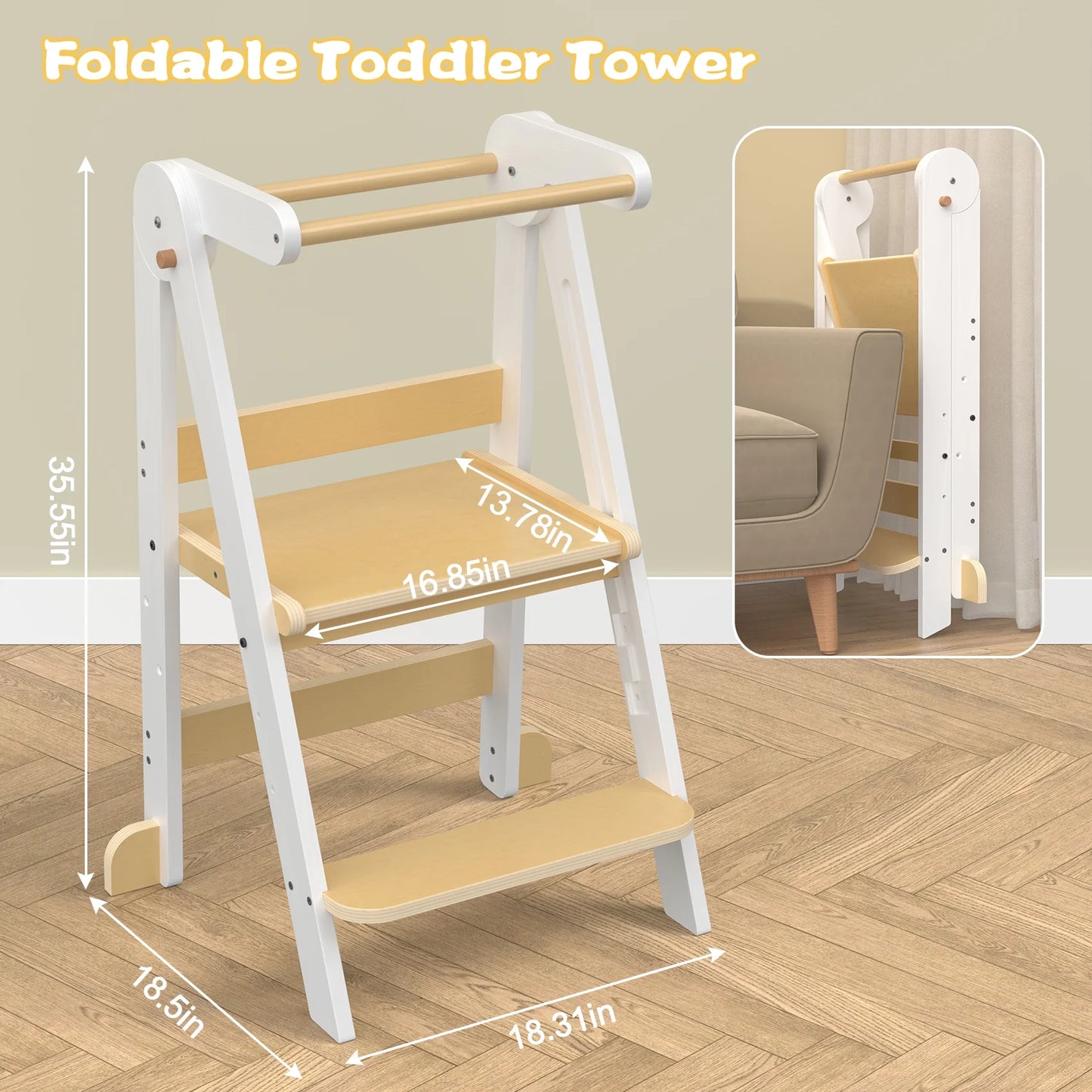 Kitchen Toddlers Step Stool, Montessori Kids Learning Stool, Foldable Toddler Tower for Counter, Standing Helper for Children, 3 Adjustable Heights, Wooden, White