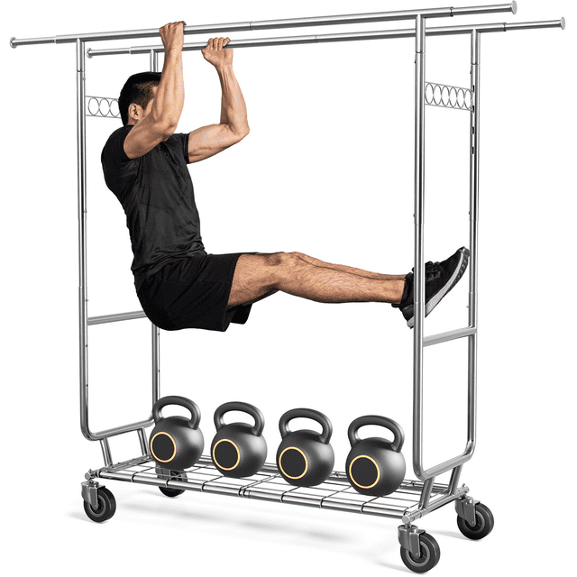 Mr IRONSTONE 600 lbs Commercial Grade Heavy Duty Garment Rack with Shelves Collapsible Clothing Racks on Wheels Rolling Clothes Rack for Hanging Clothes Portable Adjustable, Chrome Finish