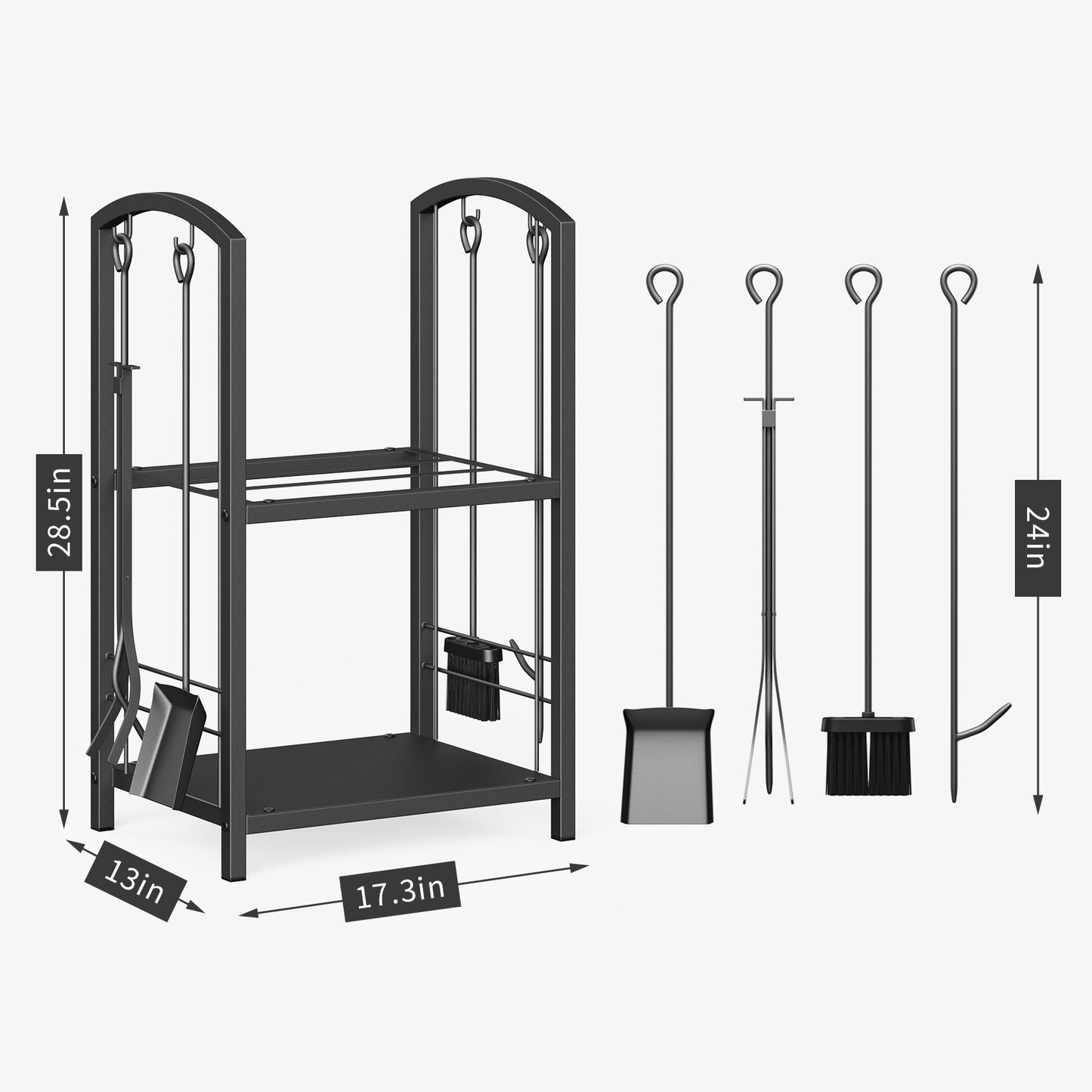Mr IRONSTONE Firewood Rack with Fireplace Tools set, Fireplace Tool Rack for Indoor Outdoor Fire Log Holder Wrought Iron Large Wood Stove with Firepit Tools, Brush, Shovel, Poker, Tongs, Black