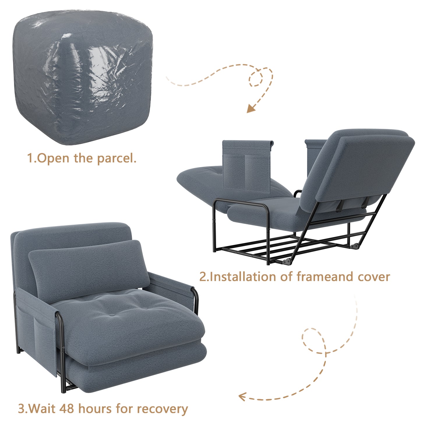 Mr IRONSTONE Convertible Chair Bed, Foldable Lazy Sofa Sleeper Chair with Metal Frame and Armrests, 5-Position Adjustable Lounge Chair with Side Pockets, Grey