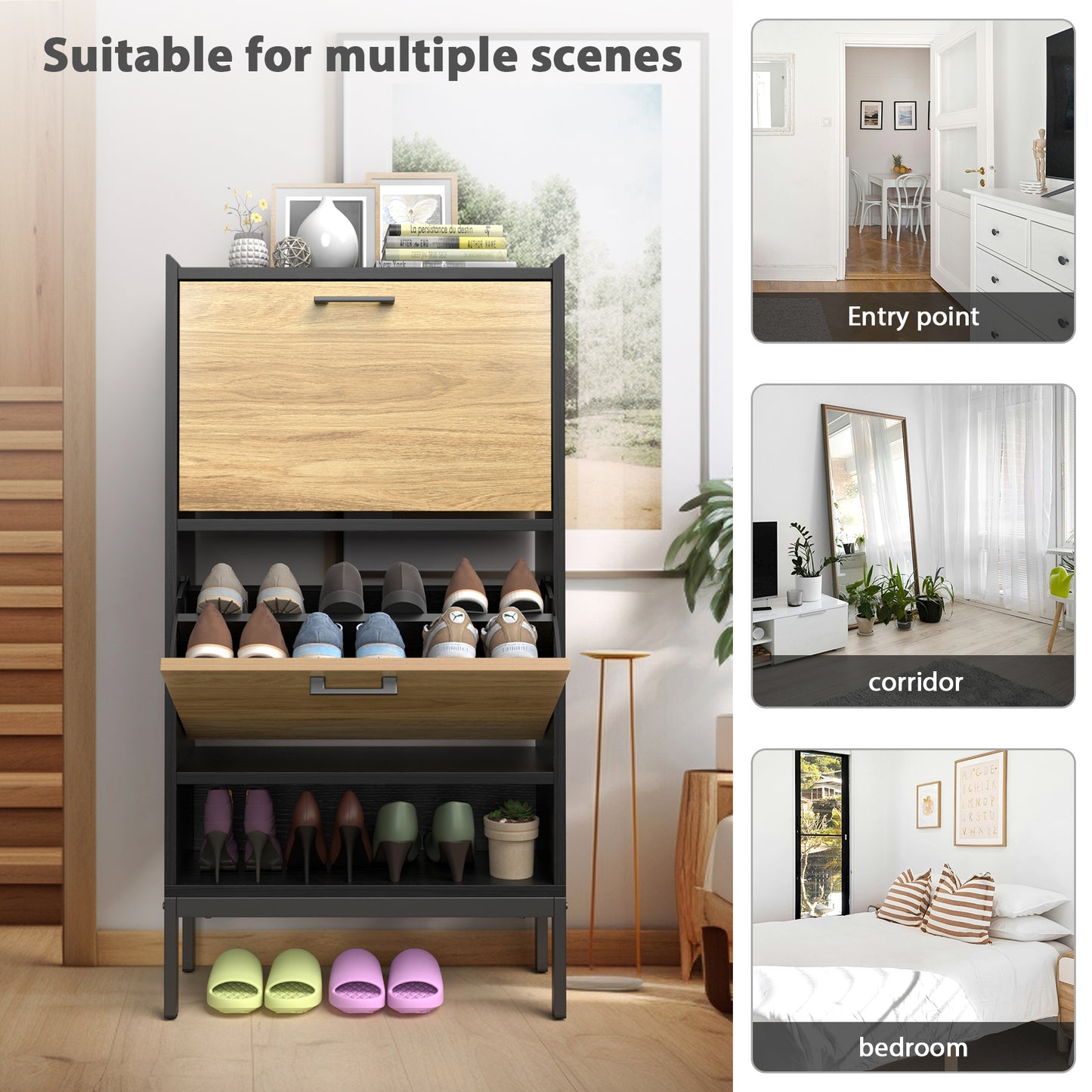 Mr IRONSTONE Slim Shoe Cabinet with 2 Flip Drawers and Top Cubby, Modern Black Entryway Organizer
