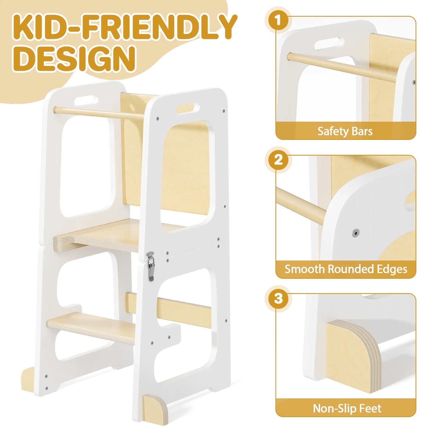 3-in-1 Toddler Kitchen Stool Helper – Foldable Kids Standing Tower with Chalkboard and Safety Rail, Wooden Step Stool for Bathroom, Counter, and Learning