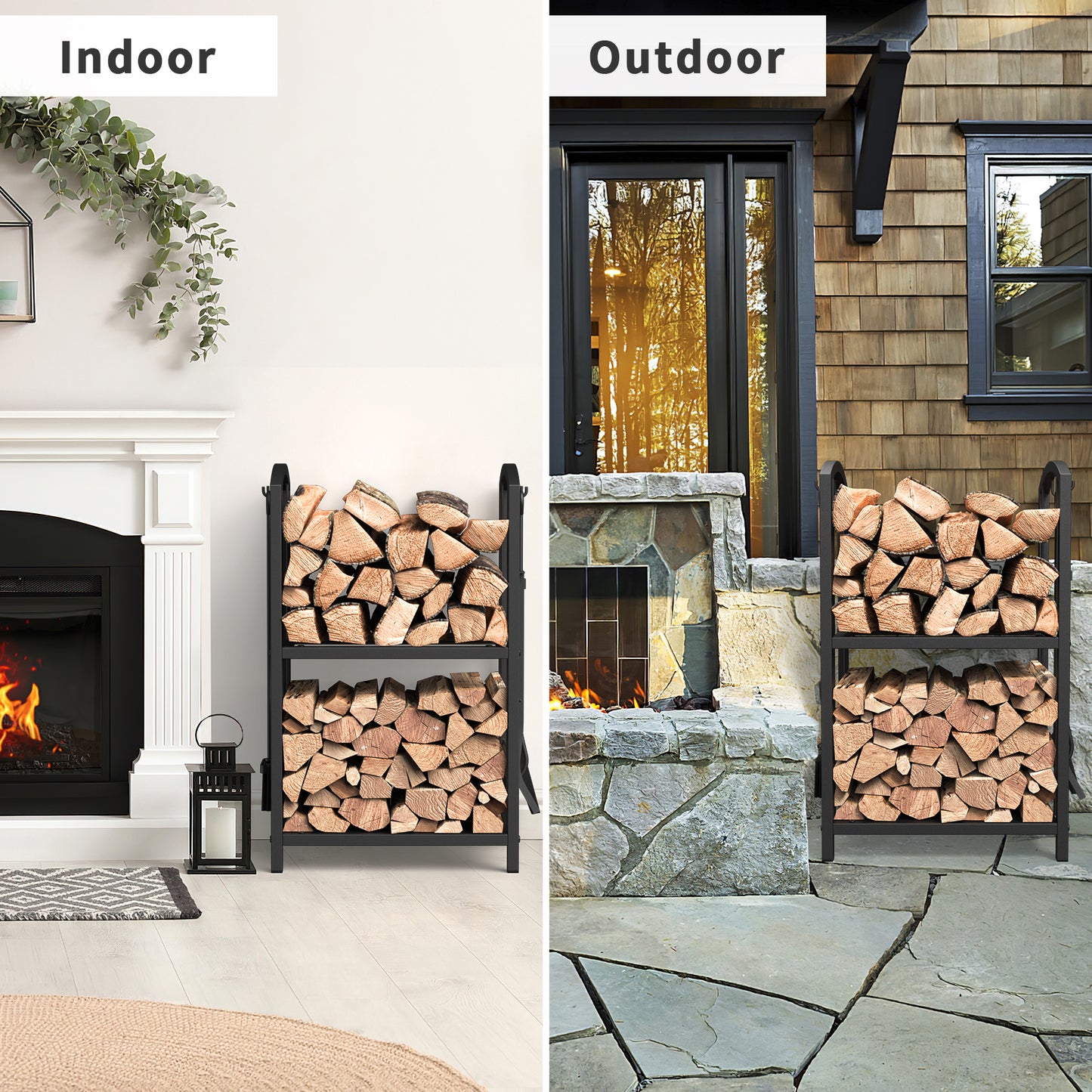Mr IRONSTONE Firewood Rack with Fireplace Tools set, Fireplace Tool Rack for Indoor Outdoor Fire Log Holder Wrought Iron Large Wood Stove with Firepit Tools, Brush, Shovel, Poker, Tongs, Black