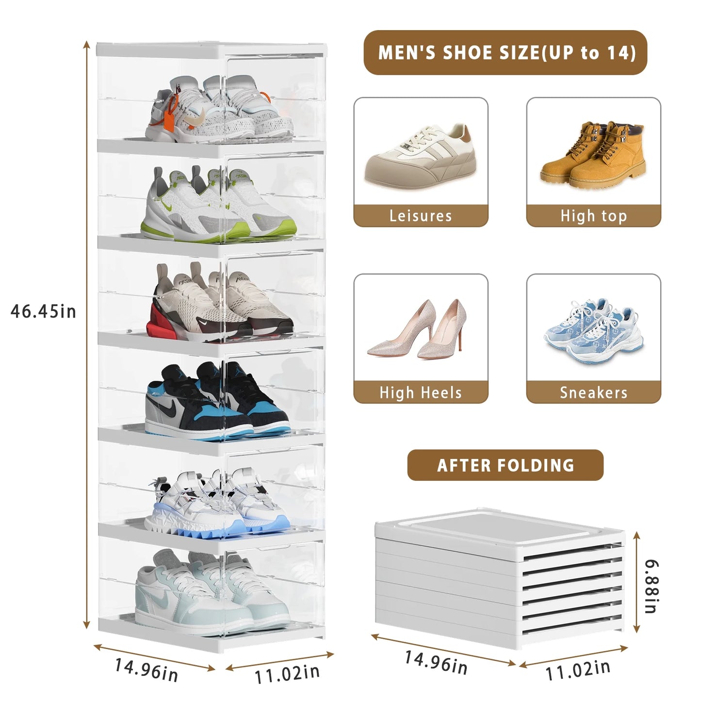 JOZ 6-Tier Foldable Shoe Organizer Box – Stackable Clear Shoe Storage Bins for Men & Women, Fits Size 12, No Assembly Required (Universal All-in-One Storage), 2025 New Release