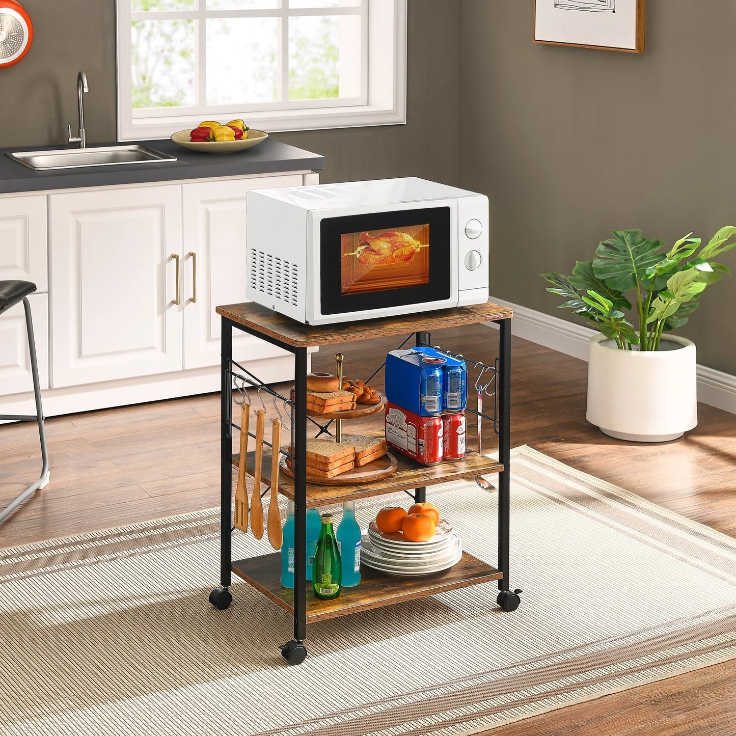 JOZ 3-Tier Kitchen Utility Serving Cart, Multifunction Microwave Oven Stand, Baker's Rack with Storage Shelf and 10 Hooks, Rustic Brown
