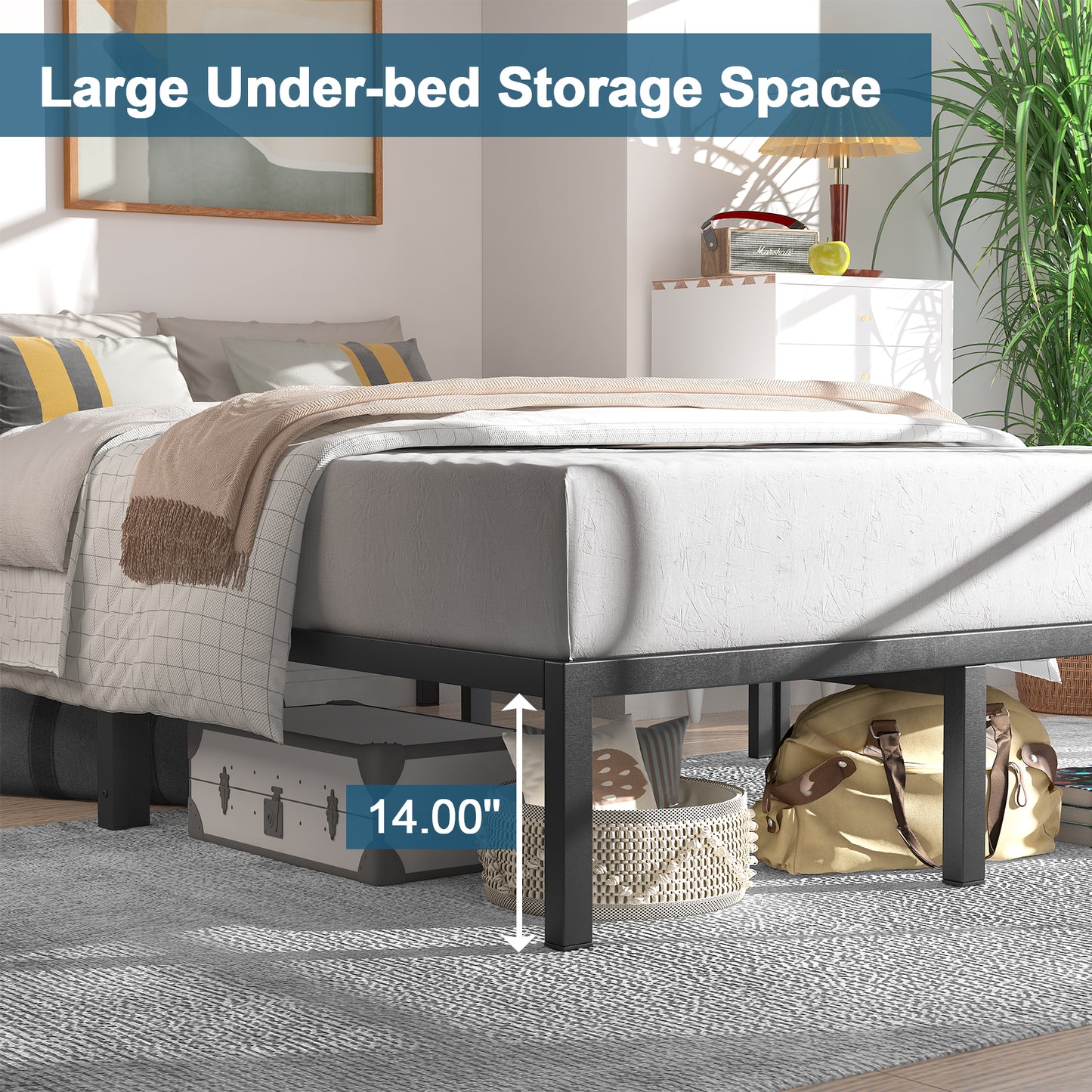 Mr IRONSTONE King Bed Frame, Heavy Duty Steel King Bed Size Frame, 14" High with Storage, No Box Spring Needed, Black