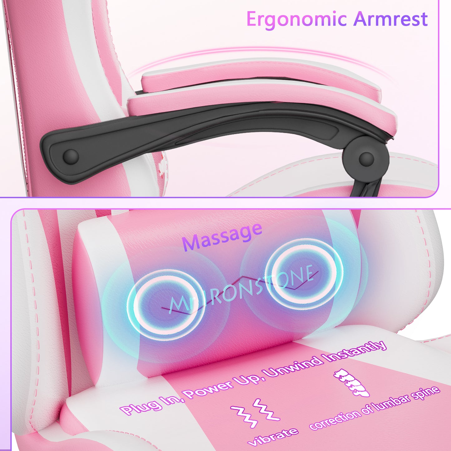 Mr IRONSTONE Gaming Chair with Speakers & LED Lights, Ergonomic Massage Office Chair with Footrest, 4D Armrests - Pink