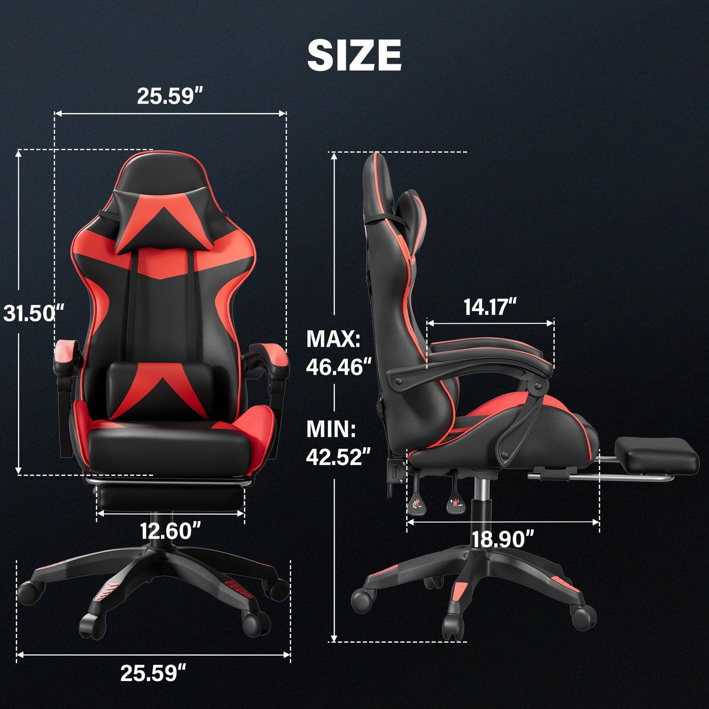 JOZ Office Gaming Chair with Footrest & Lumbar Support, Ergonomic Adjustable Computer Chair with Swivel Seat & Headrest, Red