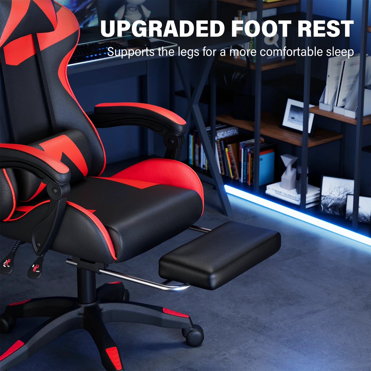 JOZ Office Gaming Chair with Footrest & Lumbar Support, Ergonomic Adjustable Computer Chair with Swivel Seat & Headrest, Red