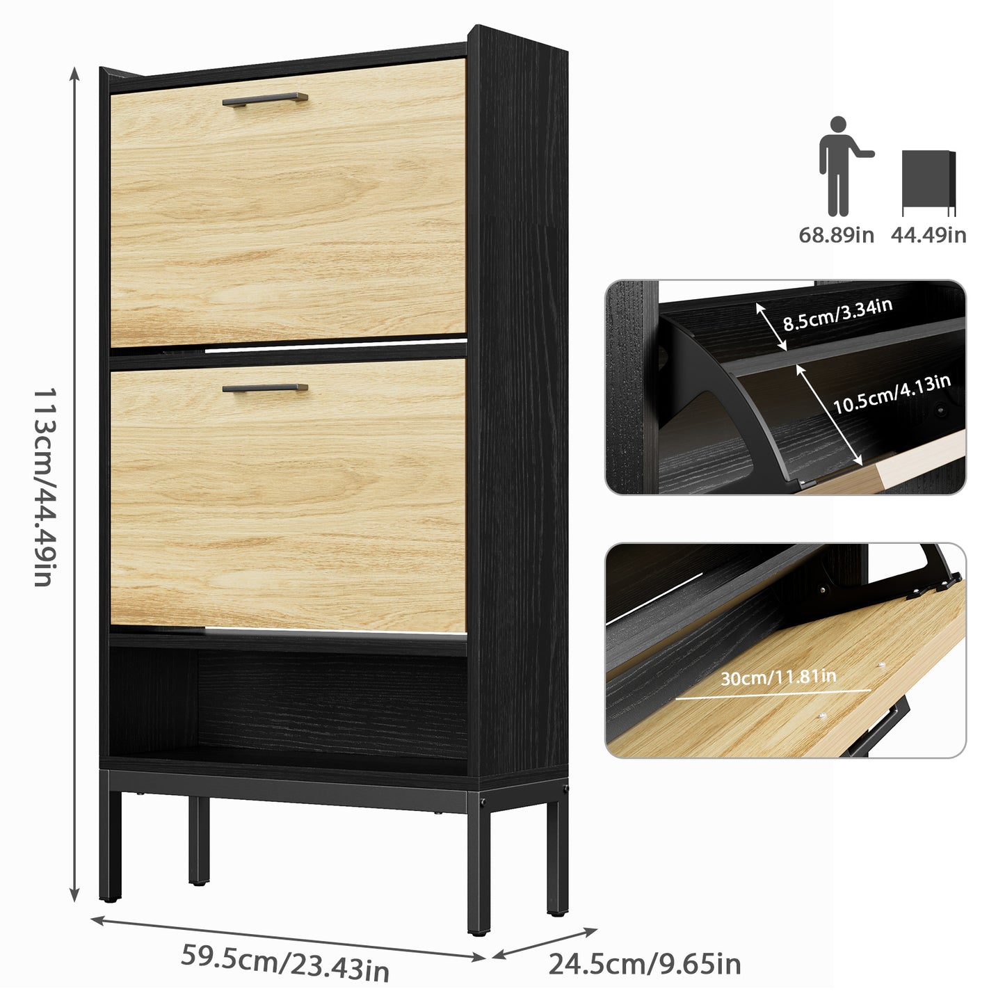 Mr IRONSTONE Slim Shoe Cabinet with 2 Flip Drawers and Top Cubby, Modern Black Entryway Organizer