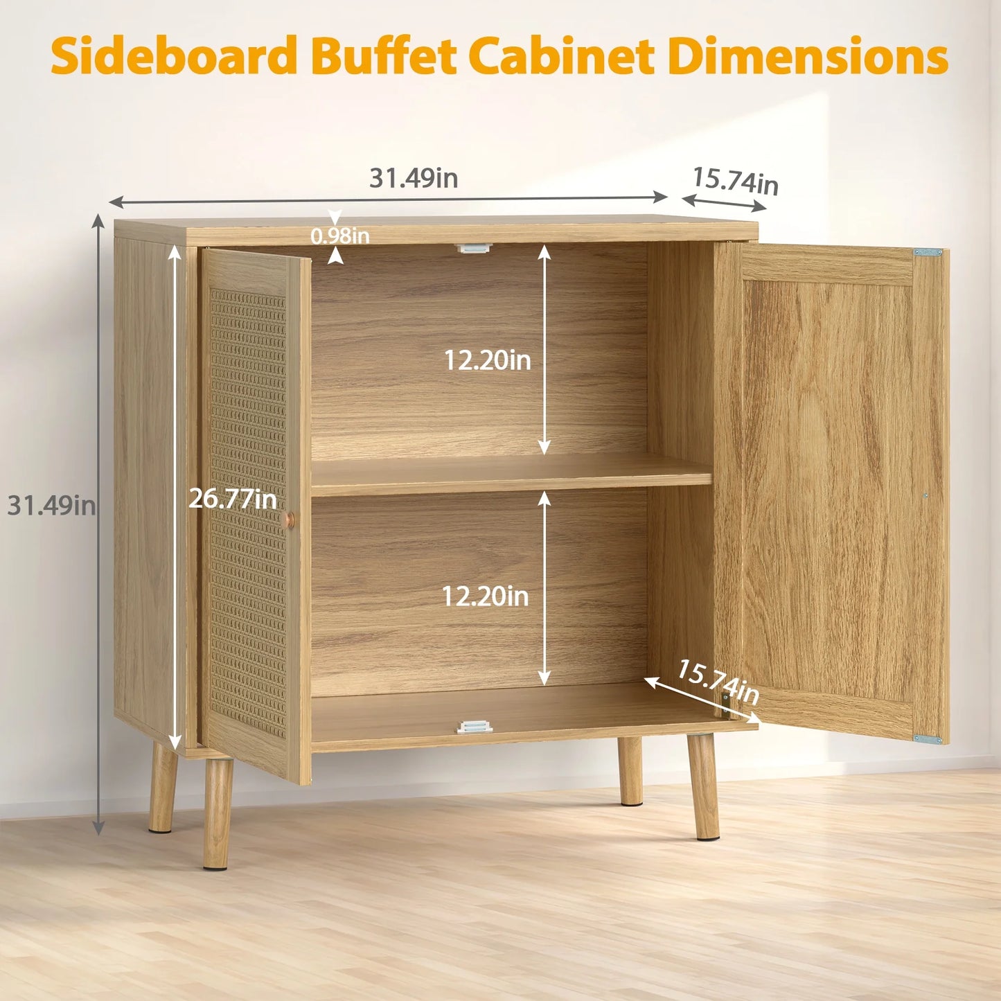 JOZ Wooden Sideboard Buffet Cabinet with Storage, Rattan Door and Solid Wood Feet, for Kitchen, Hallway, Entry and Living Room, Natural